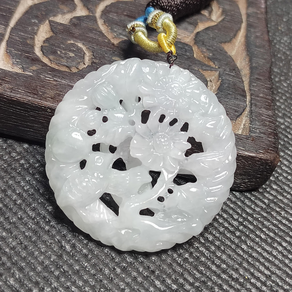 Certified Natural Burmese Jadeite “Pure Harmony Floral Bird” Pendant | Type A Untreated | Double-Sided Hand-Carved | Collector’s Grade SL457