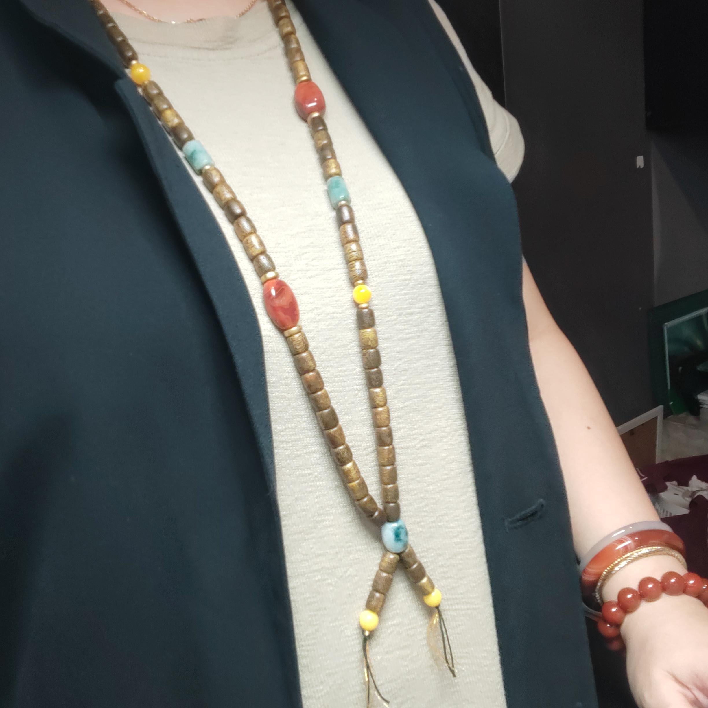 Handmade 94 cm Mala Necklace Waxi Nanhong Iron Skin Agate Burmese Jadeite Beeswax Amber Cultivated Brunei Golden-Thread Agarwood SL470