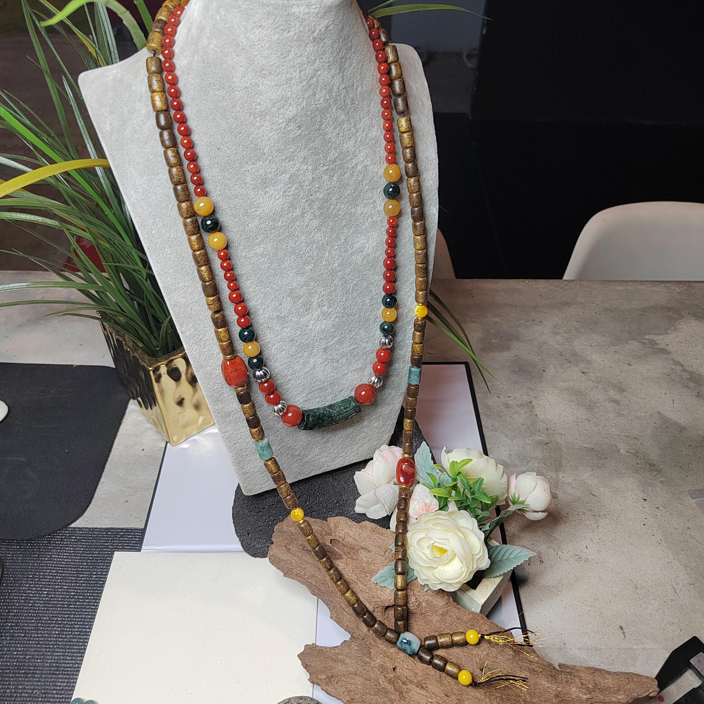 Handmade 94 cm Mala Necklace Waxi Nanhong Iron Skin Agate Burmese Jadeite Beeswax Amber Cultivated Brunei Golden-Thread Agarwood SL470