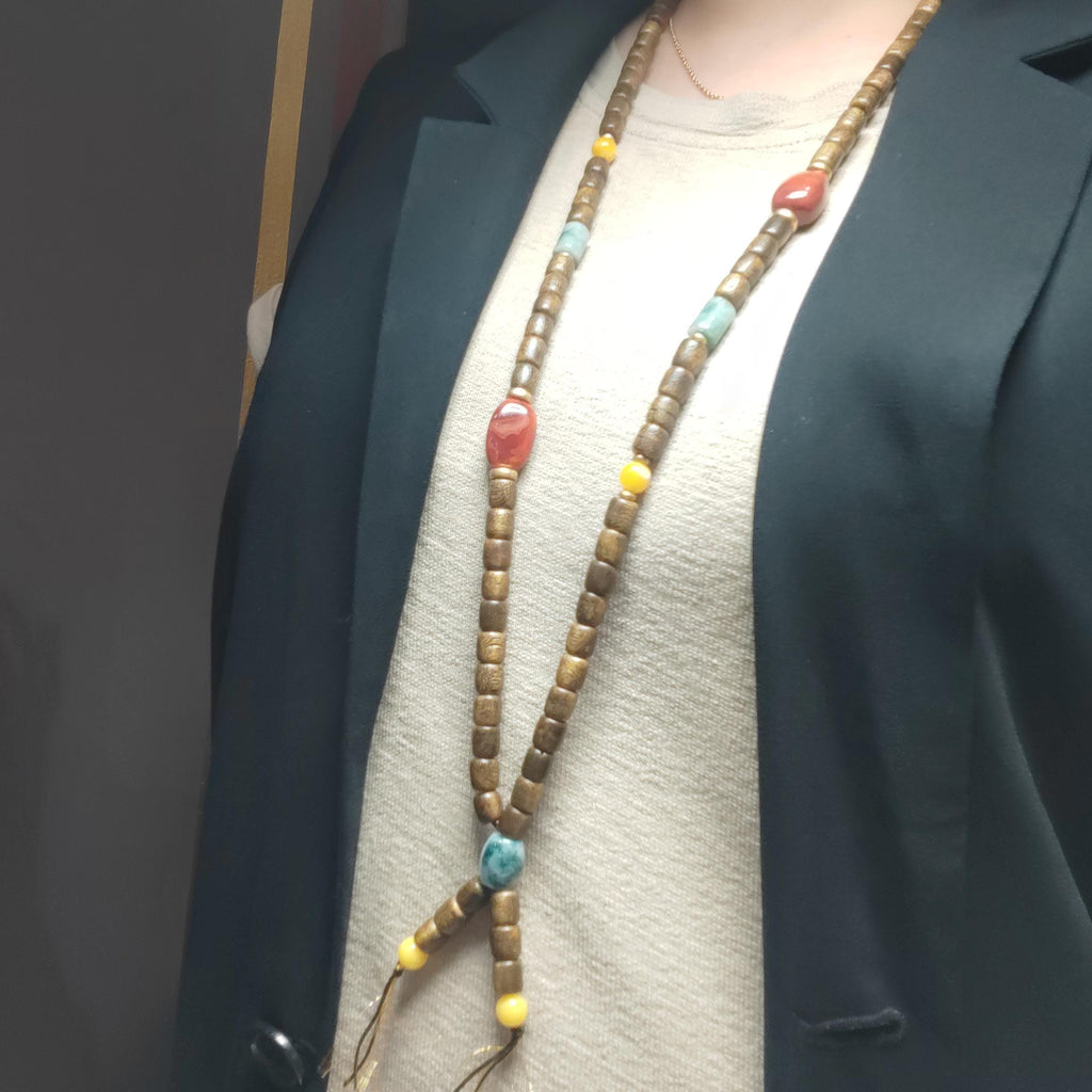 Handmade 94 cm Mala Necklace Waxi Nanhong Iron Skin Agate Burmese Jadeite Beeswax Amber Cultivated Brunei Golden-Thread Agarwood SL470