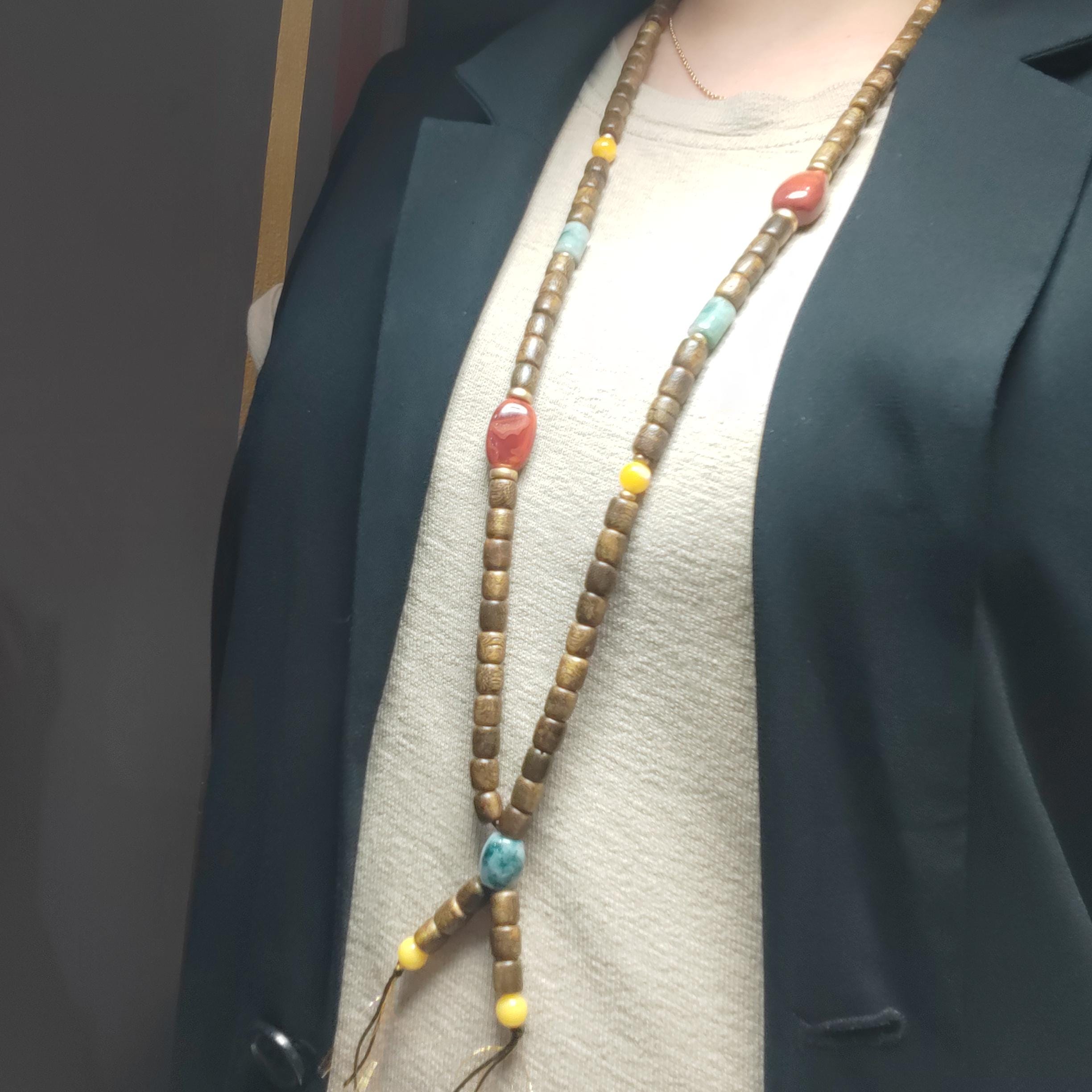 Handmade 94 cm Mala Necklace Waxi Nanhong Iron Skin Agate Burmese Jadeite Beeswax Amber Cultivated Brunei Golden-Thread Agarwood SL470