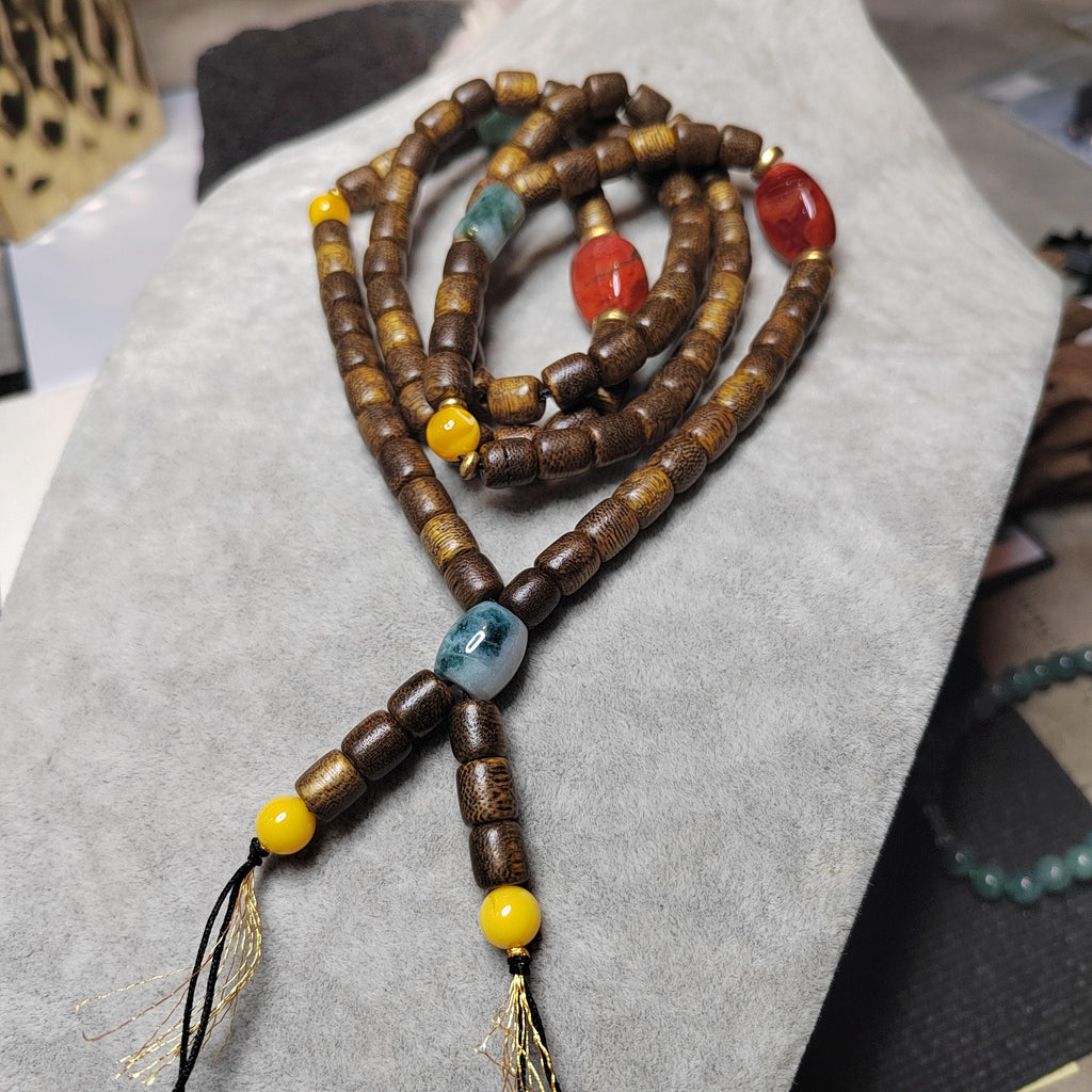 Handmade 94 cm Mala Necklace Waxi Nanhong Iron Skin Agate Burmese Jadeite Beeswax Amber Cultivated Brunei Golden-Thread Agarwood SL470