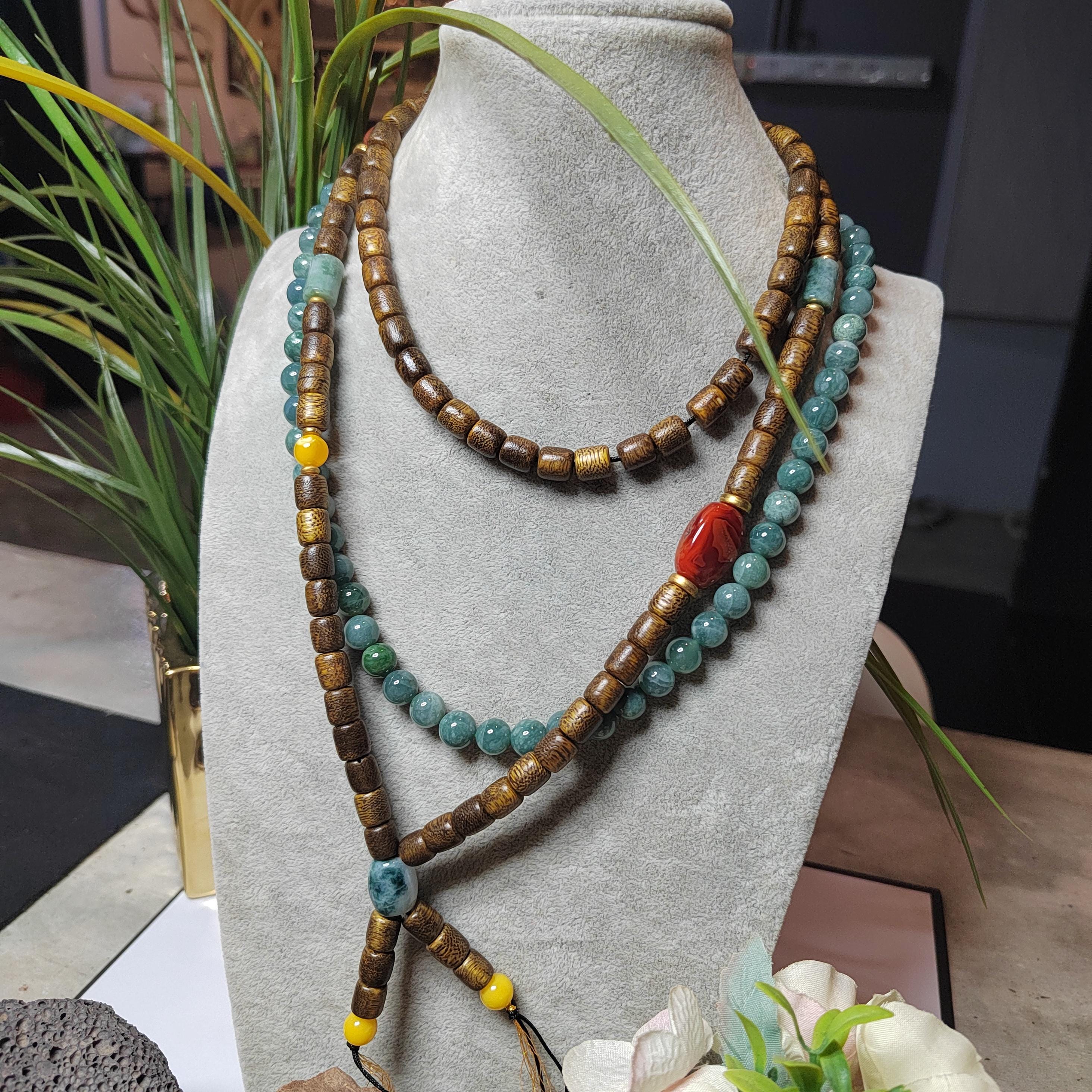 Handmade 94 cm Mala Necklace Waxi Nanhong Iron Skin Agate Burmese Jadeite Beeswax Amber Cultivated Brunei Golden-Thread Agarwood SL470
