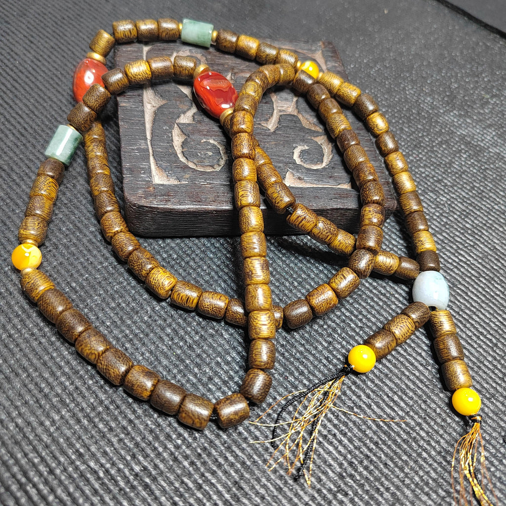 Handmade 94 cm Mala Necklace Waxi Nanhong Iron Skin Agate Burmese Jadeite Beeswax Amber Cultivated Brunei Golden-Thread Agarwood SL470