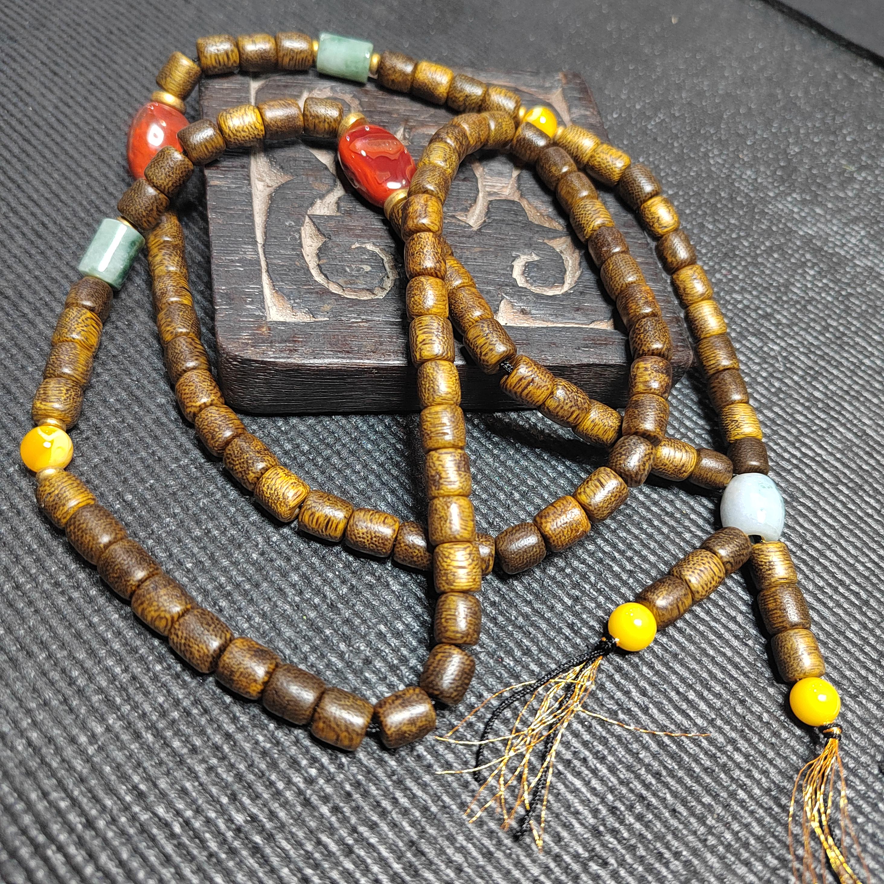 Handmade 94 cm Mala Necklace Waxi Nanhong Iron Skin Agate Burmese Jadeite Beeswax Amber Cultivated Brunei Golden-Thread Agarwood SL470
