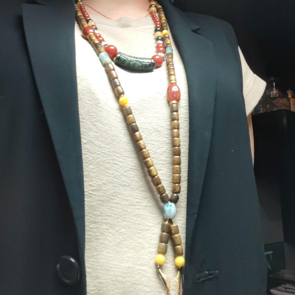 Handmade 94 cm Mala Necklace Waxi Nanhong Iron Skin Agate Burmese Jadeite Beeswax Amber Cultivated Brunei Golden-Thread Agarwood SL470