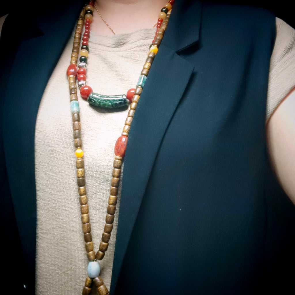 Handmade 65 cm Gemstone Necklace Huanglong Jade Waxi Nanhong Agate  Baoshan Nanhong Burmese Black Ink Jadeite Hand-Carved Jade Tube SL471