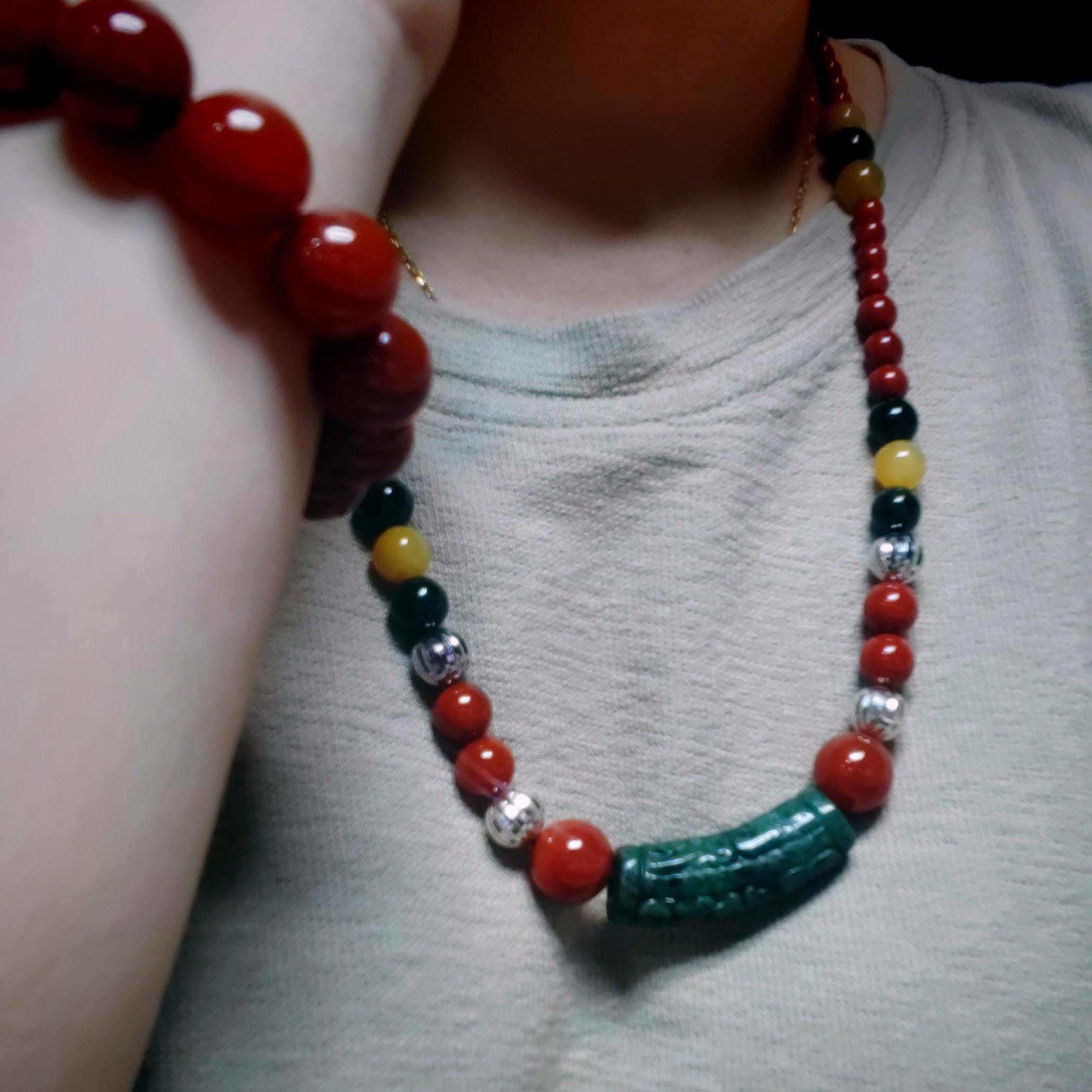 Handmade 65 cm Gemstone Necklace Huanglong Jade Waxi Nanhong Agate  Baoshan Nanhong Burmese Black Ink Jadeite Hand-Carved Jade Tube SL471