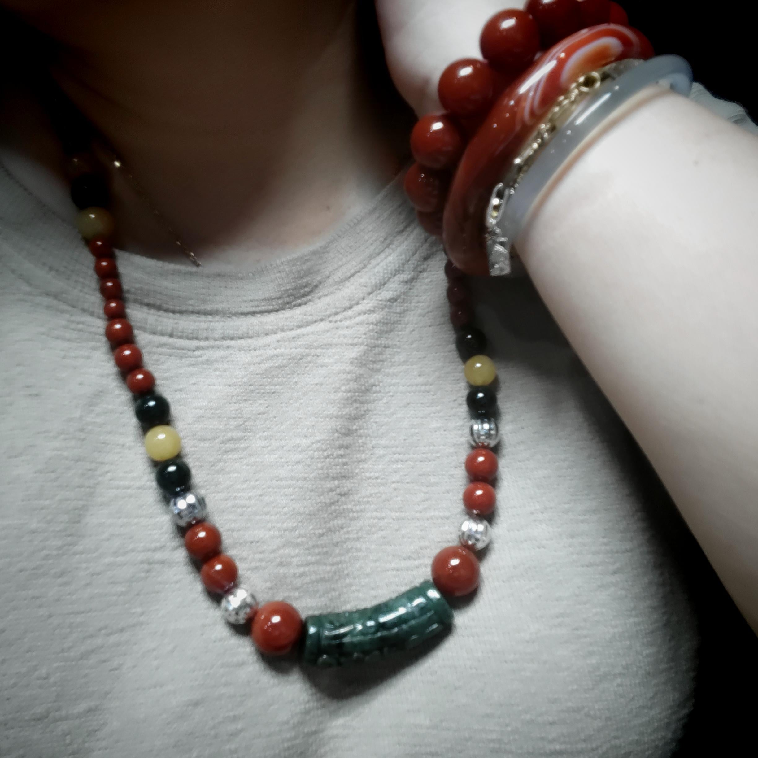 Handmade 65 cm Gemstone Necklace Huanglong Jade Waxi Nanhong Agate  Baoshan Nanhong Burmese Black Ink Jadeite Hand-Carved Jade Tube SL471