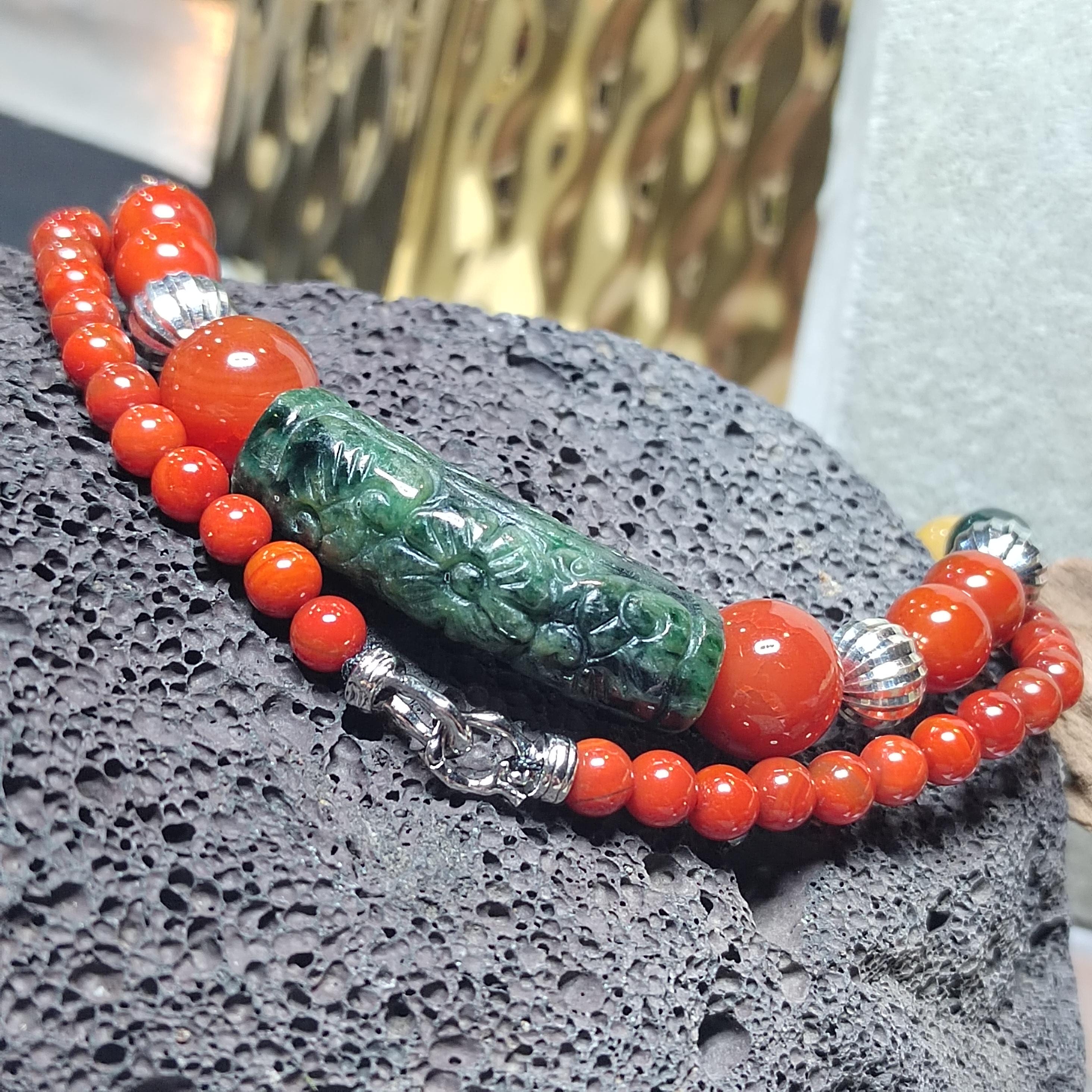 Handmade 65 cm Gemstone Necklace Huanglong Jade Waxi Nanhong Agate  Baoshan Nanhong Burmese Black Ink Jadeite Hand-Carved Jade Tube SL471