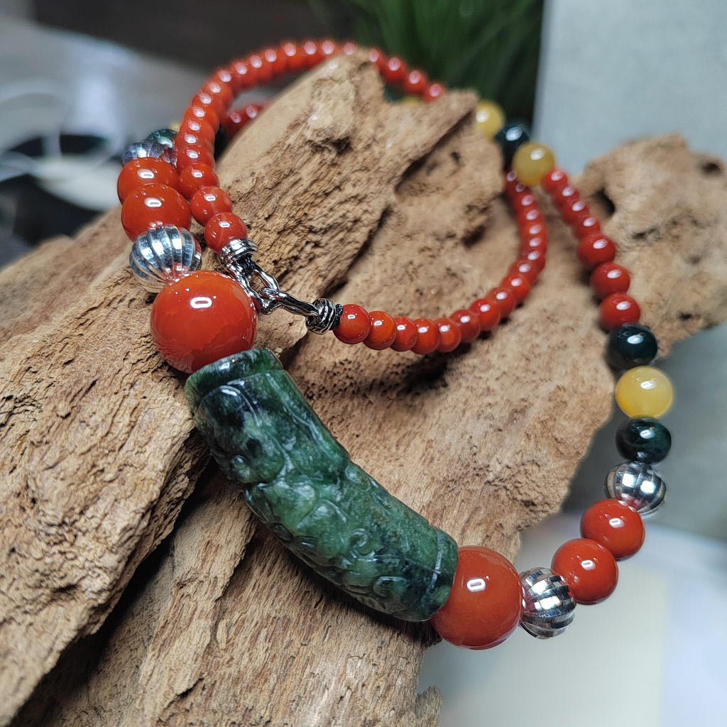 Handmade 65 cm Gemstone Necklace Huanglong Jade Waxi Nanhong Agate  Baoshan Nanhong Burmese Black Ink Jadeite Hand-Carved Jade Tube SL471