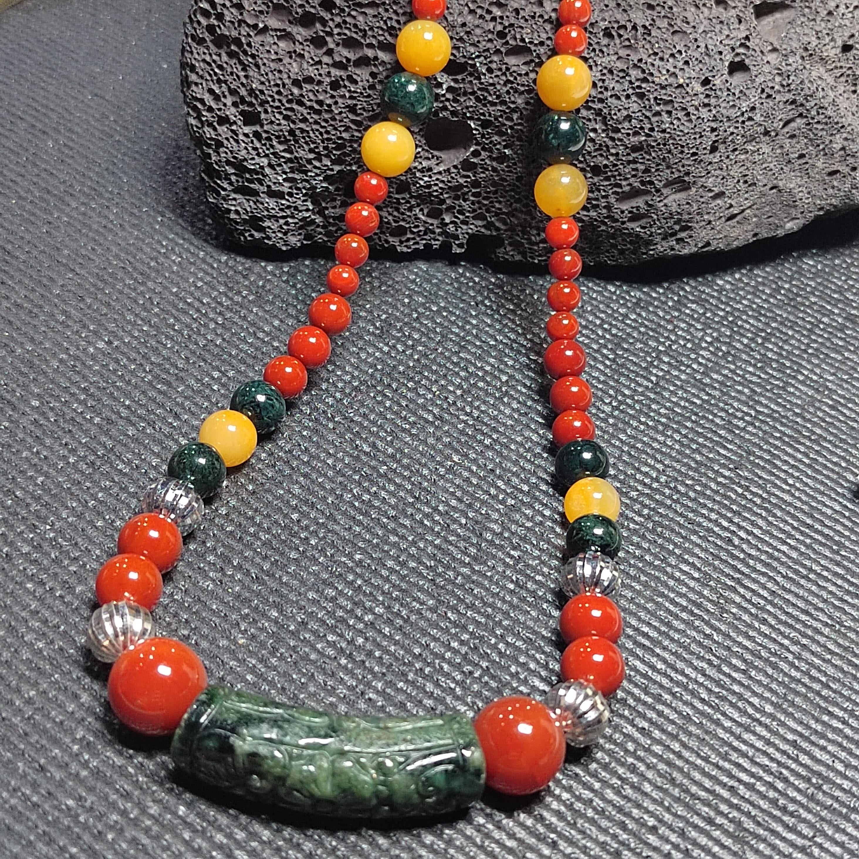 Handmade 65 cm Gemstone Necklace Huanglong Jade Waxi Nanhong Agate  Baoshan Nanhong Burmese Black Ink Jadeite Hand-Carved Jade Tube SL471