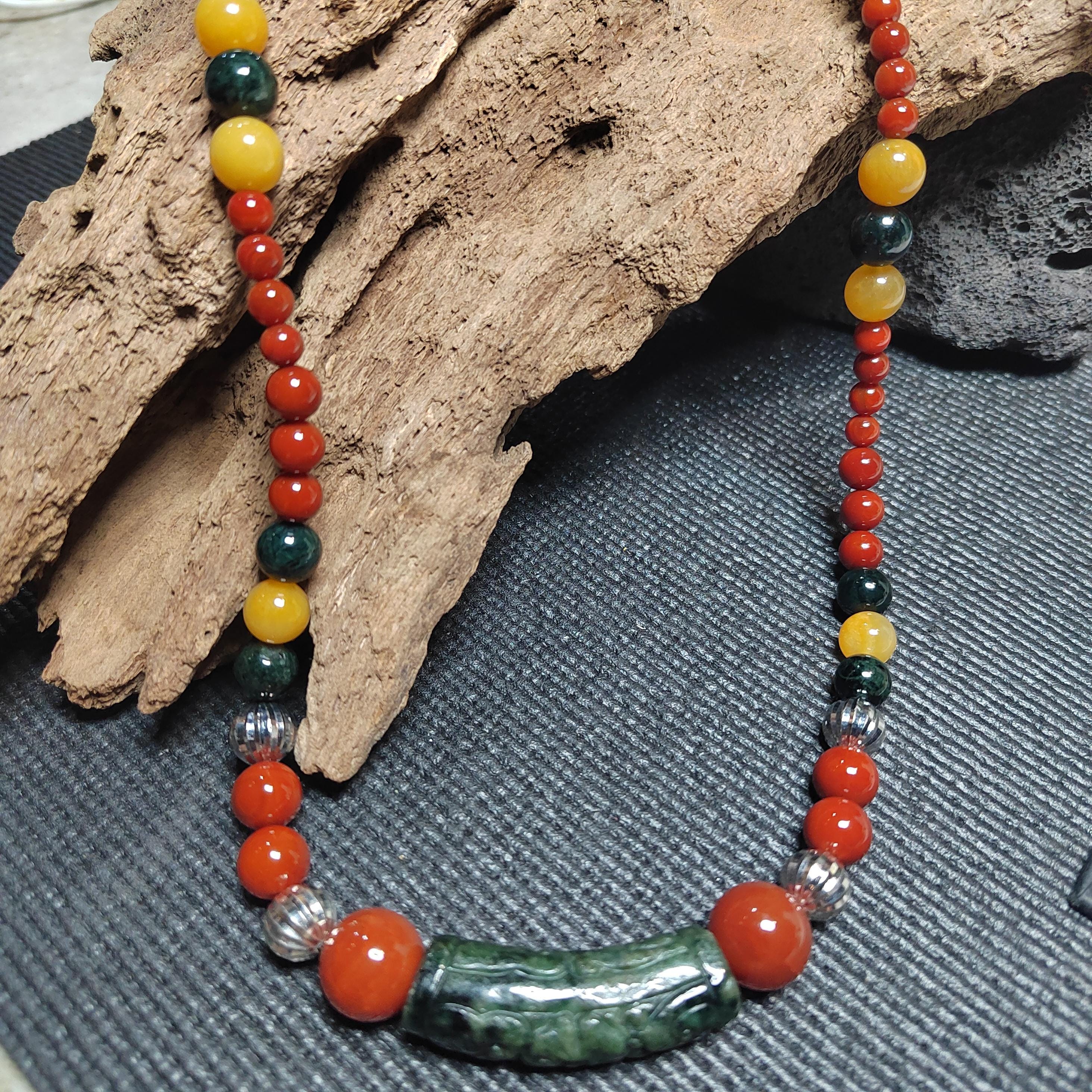 Handmade 65 cm Gemstone Necklace Huanglong Jade Waxi Nanhong Agate  Baoshan Nanhong Burmese Black Ink Jadeite Hand-Carved Jade Tube SL471