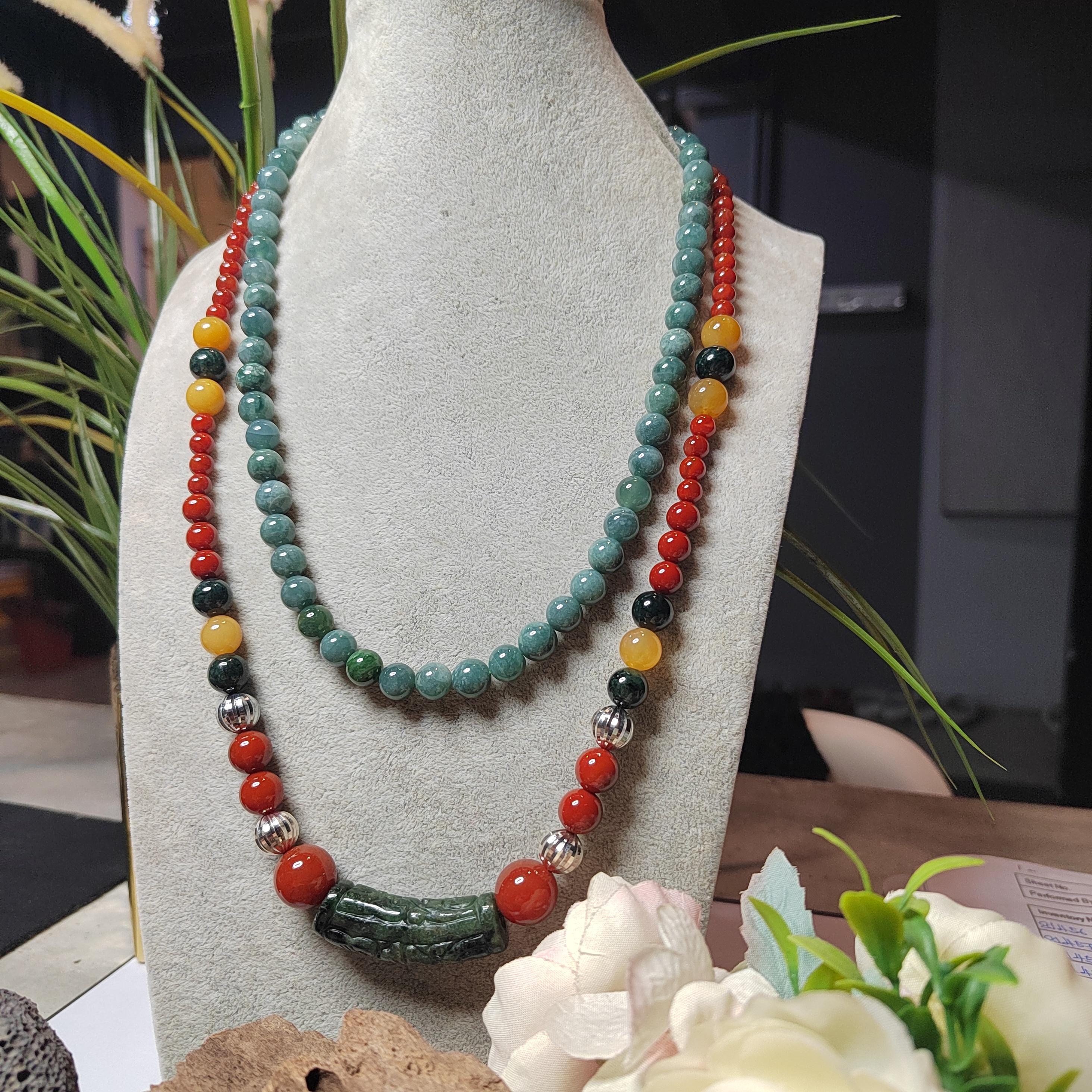 Handmade 65 cm Gemstone Necklace Huanglong Jade Waxi Nanhong Agate  Baoshan Nanhong Burmese Black Ink Jadeite Hand-Carved Jade Tube SL471