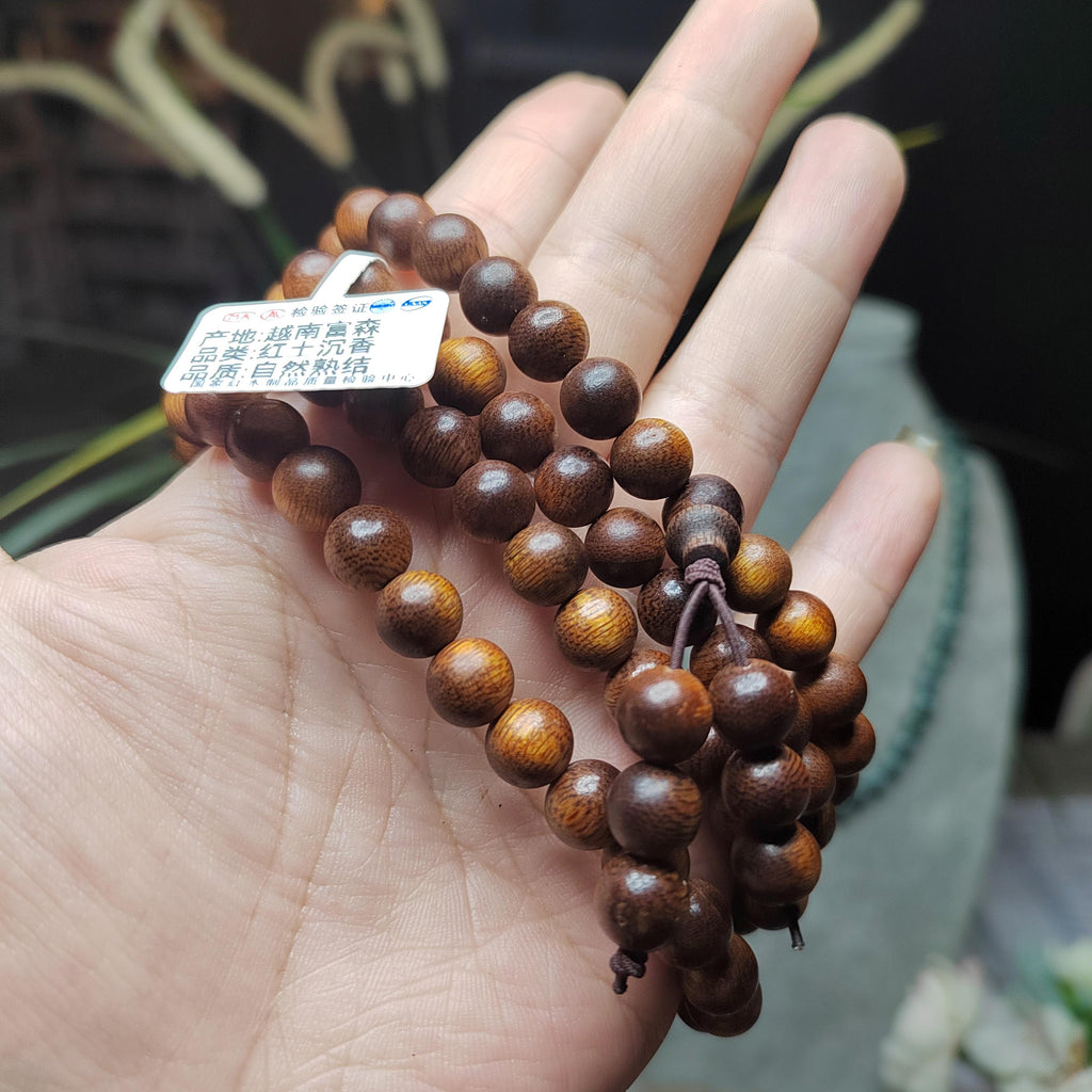 Cultivated “Fusen Red Earth” Agarwood 108 Mala – Premium Sinking Beads, 15-Year Tree Prayer Meditation Beads SL515