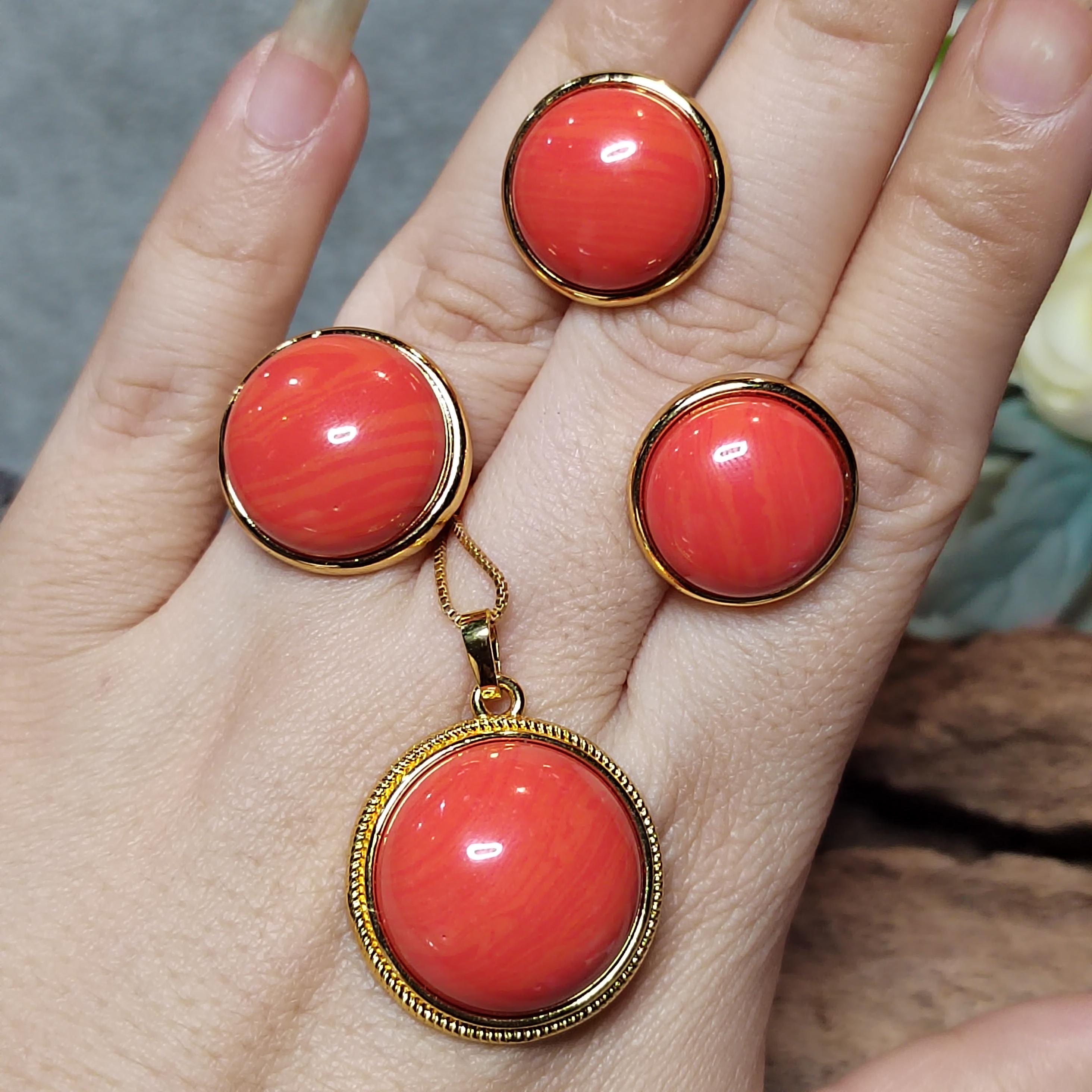 Certified Cultivated Momo Beautiful 3pcs Set Round Elegant Design Natural Coral Earrings - Ring - Pendant/Chain SL357