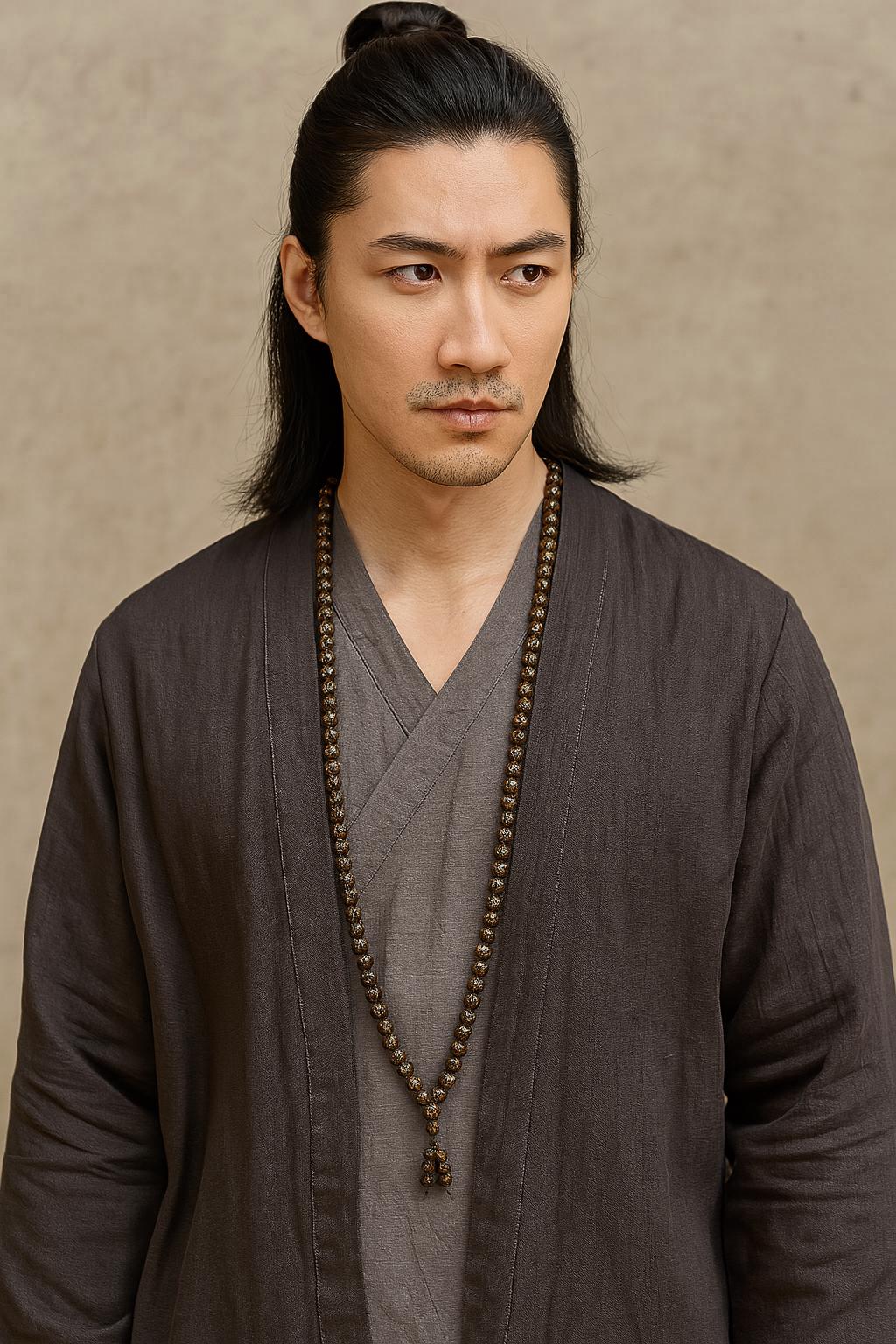 Man wearing traditional attire with a beige background