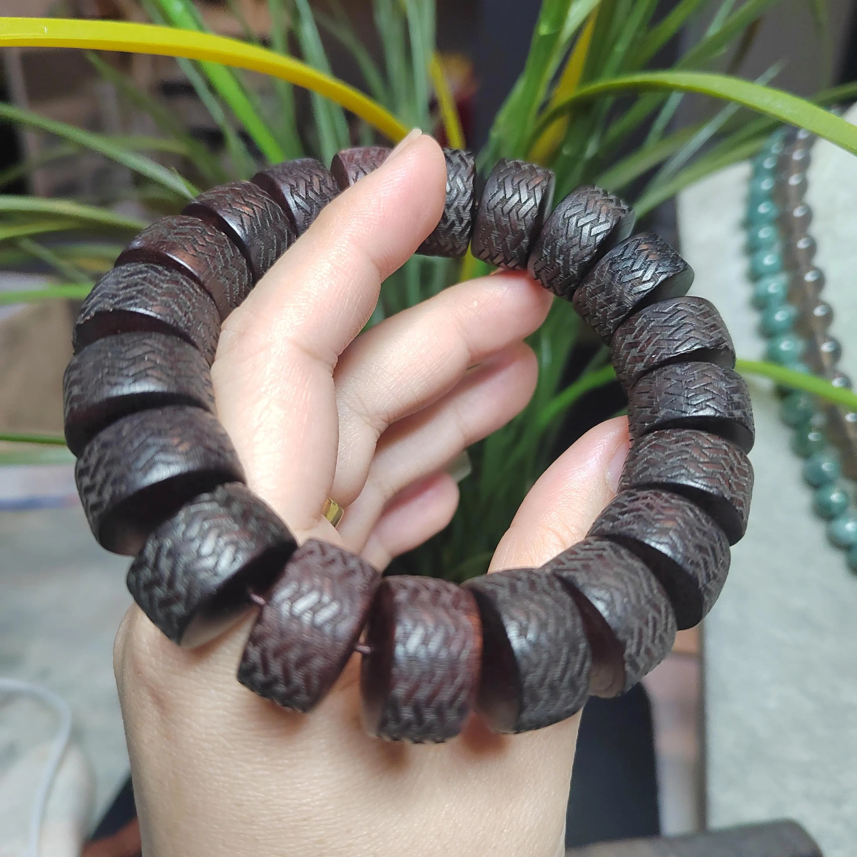 Hand holding a dark brown beaded bracelet with a blurred plant background