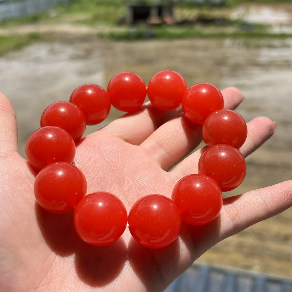 Certified A-Grade Baoshan Nanhong “Ice-Red” Agate Bracelet | 20 mm Beads | 134 g | Rare Full-Color Burmese-Grade Glow SL478/100A