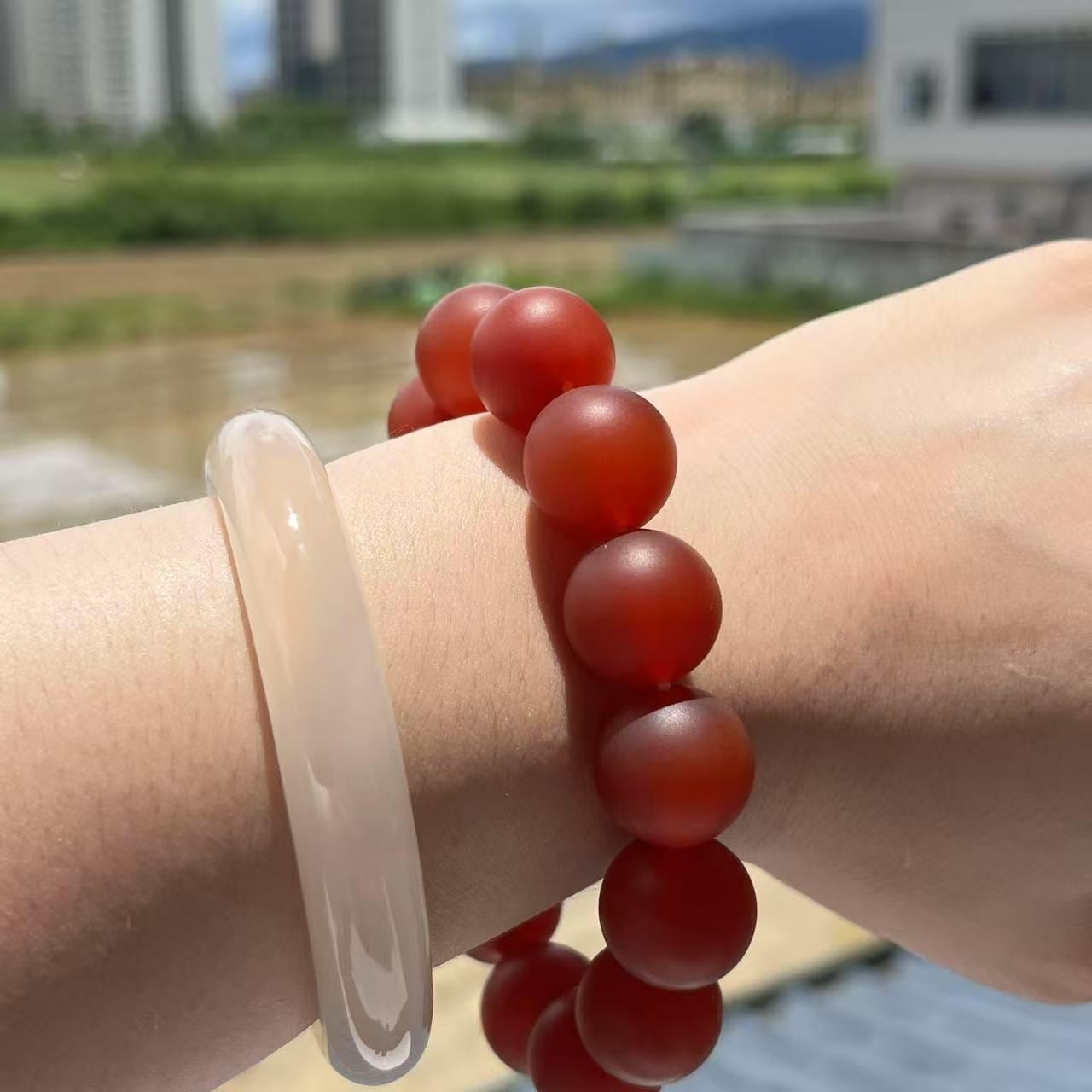 Certified Baoshan Nanhong Rose-Red Matte Agate Bracelet | 15.7–16 mm Beads,  | Elegant Pink-Violet Glow | Natural South Red Agate SL479/100A