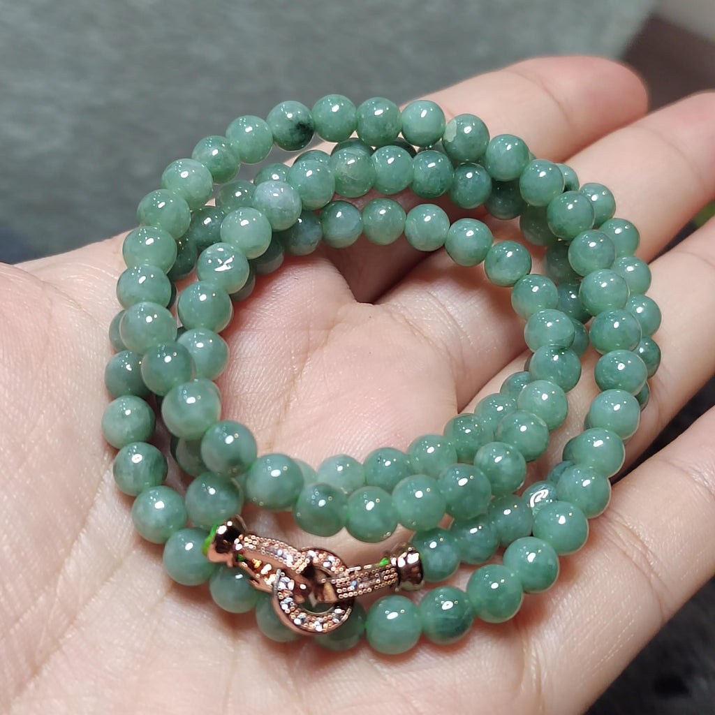 Certified Burmese A-Grade Jadeite Necklace | 62 cm | 5.4–5.7 mm Beads | Rose-Gold Toggle Clasp SL481