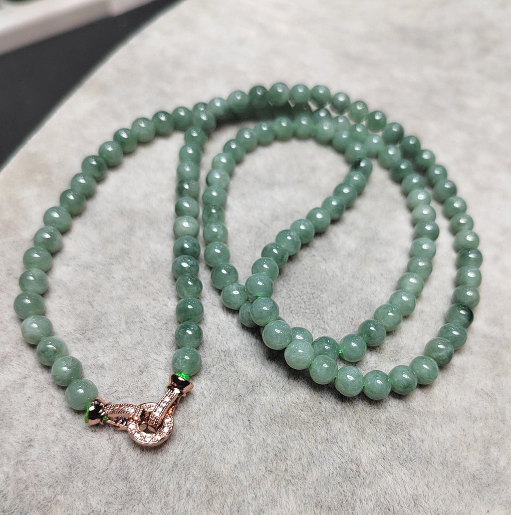 Certified Burmese A-Grade Jadeite Necklace | 62 cm | 5.4–5.7 mm Beads | Rose-Gold Toggle Clasp SL481