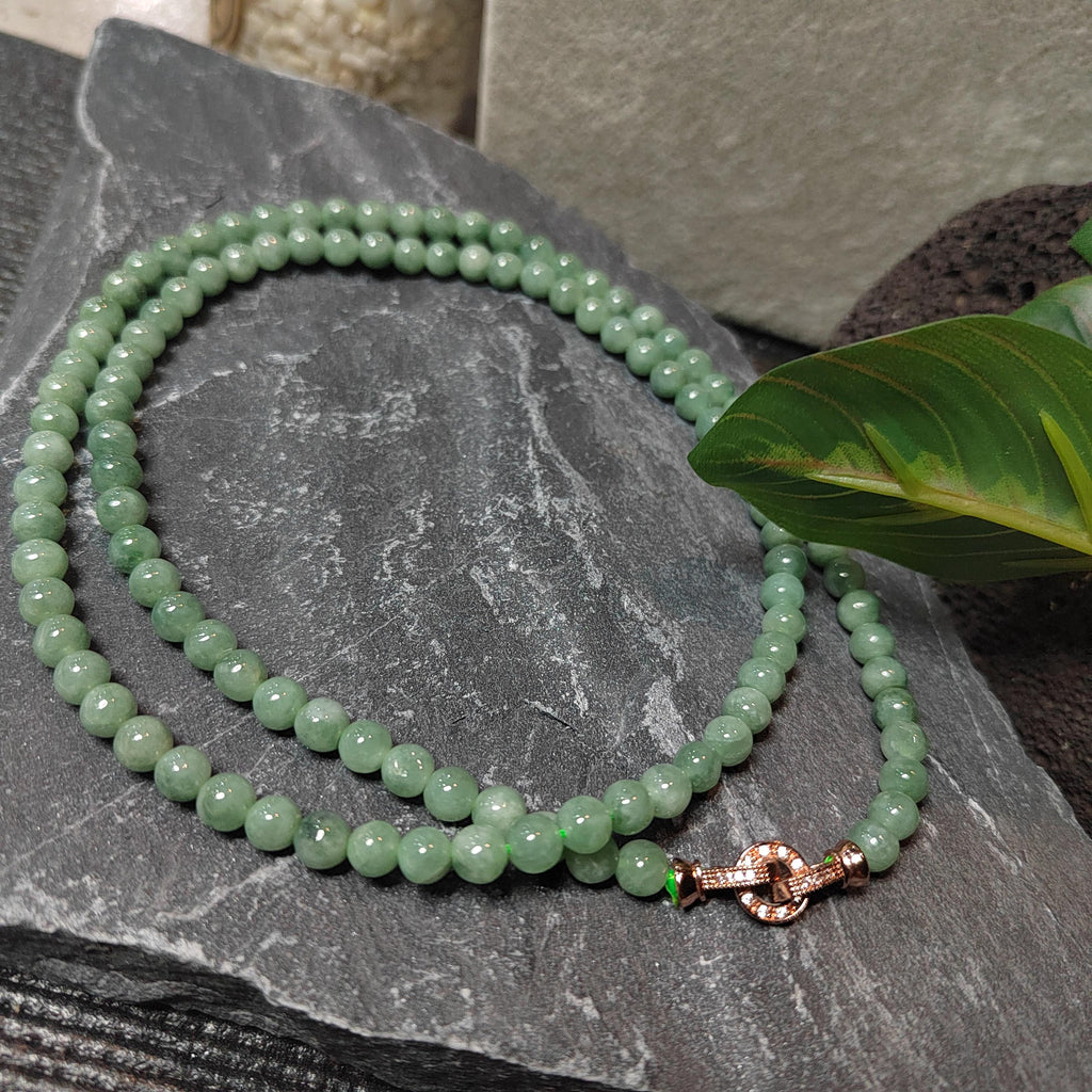 Certified Burmese A-Grade Jadeite Necklace | 62 cm | 5.4–5.7 mm Beads | Rose-Gold Toggle Clasp SL481