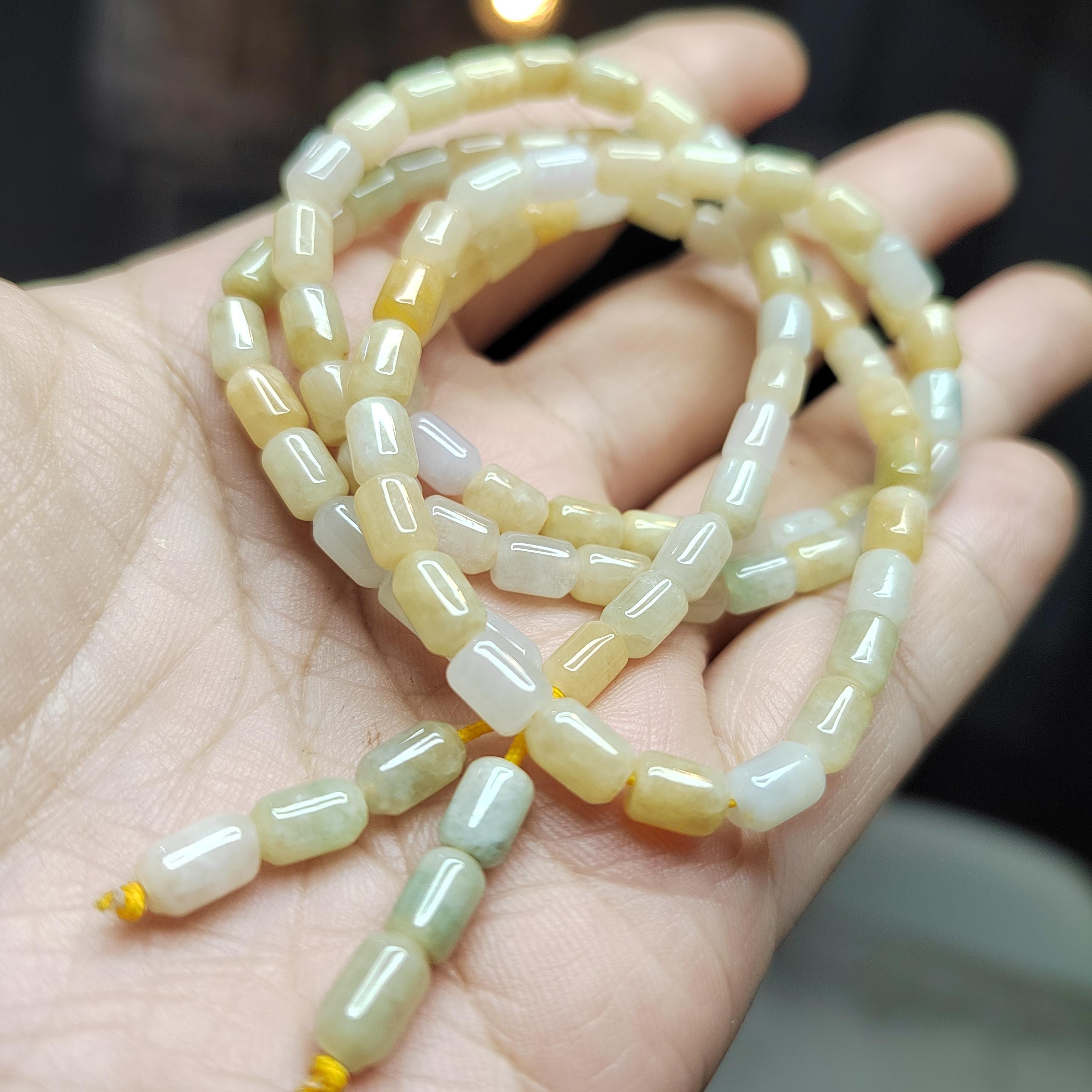 Certified Rare Burmese Icy Yellow-Green “Floating Flower” Jadeite Necklace | 60 cm | Barrel-Cut Beads | Natural Untreated Jadeite SL482