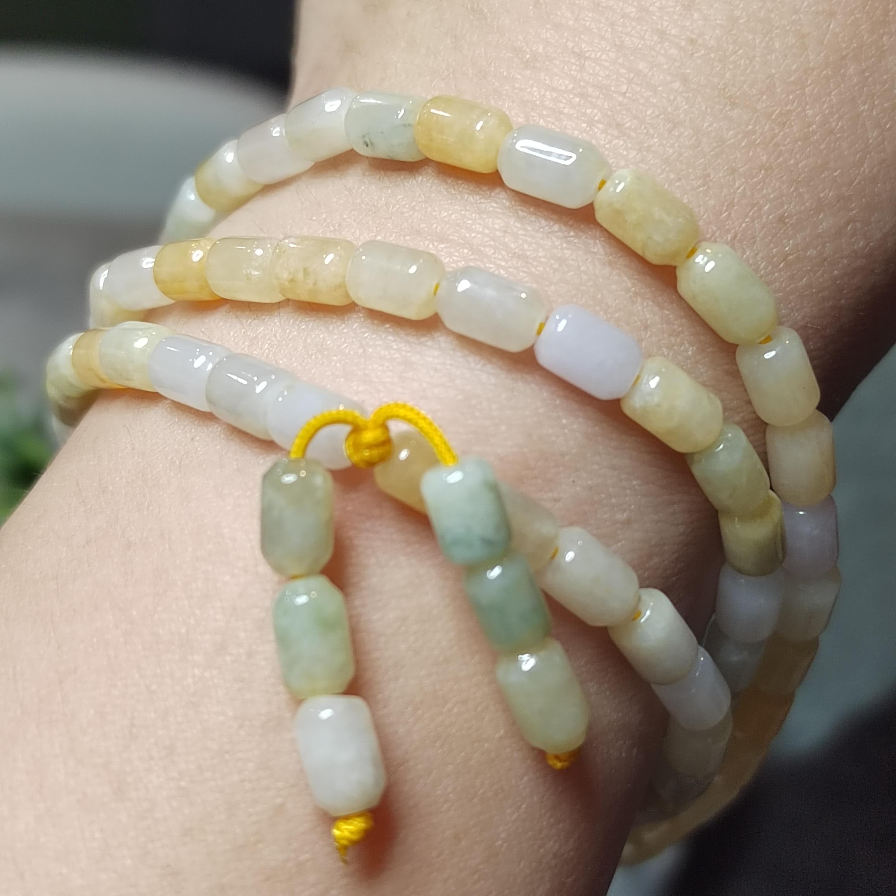 Certified Rare Burmese Icy Yellow-Green “Floating Flower” Jadeite Necklace | 60 cm | Barrel-Cut Beads | Natural Untreated Jadeite SL482