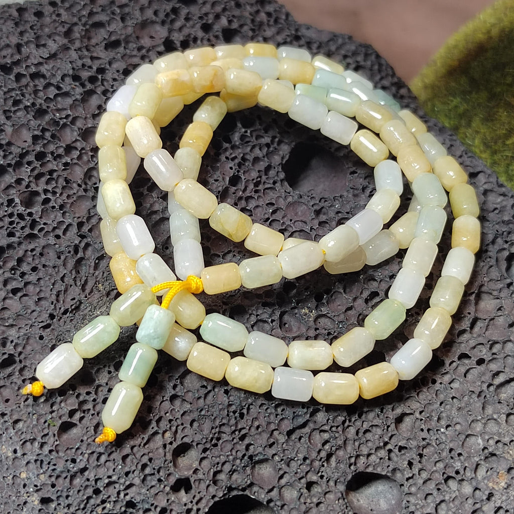 Certified Rare Burmese Icy Yellow-Green “Floating Flower” Jadeite Necklace | 60 cm | Barrel-Cut Beads | Natural Untreated Jadeite SL482