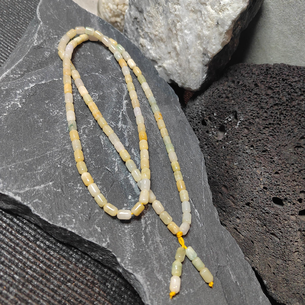 Certified Rare Burmese Icy Yellow-Green “Floating Flower” Jadeite Necklace | 60 cm | Barrel-Cut Beads | Natural Untreated Jadeite SL482