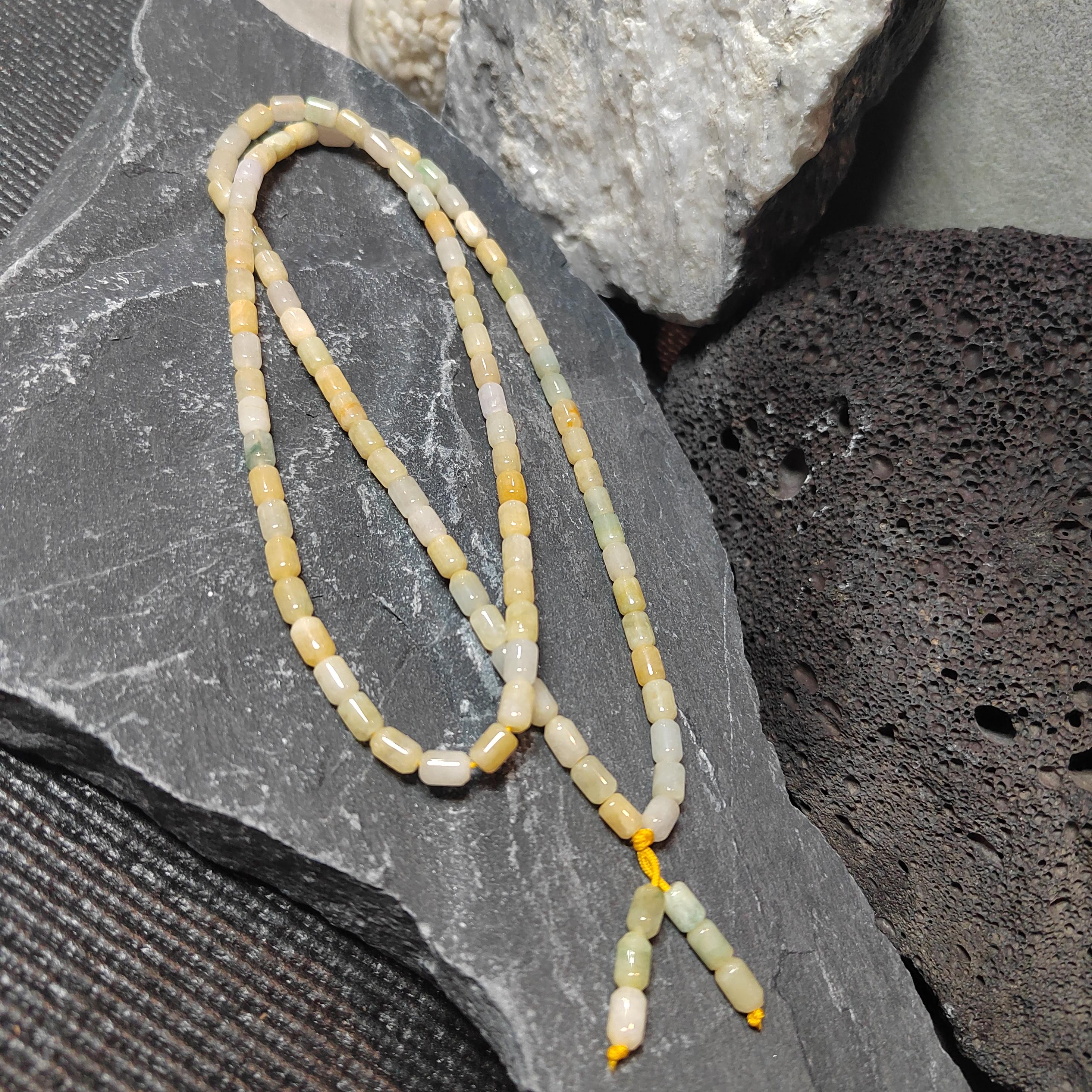 Certified Rare Burmese Icy Yellow-Green “Floating Flower” Jadeite Necklace | 60 cm | Barrel-Cut Beads | Natural Untreated Jadeite SL482