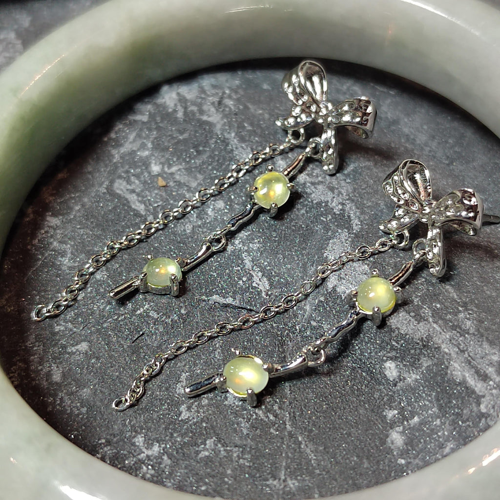 Certified Burmese Icy Light Bump Yellow Jadeite Earrings | Type A Natural Untreated | 46 mm Length | Ribbon Design | S925 Silver SL206