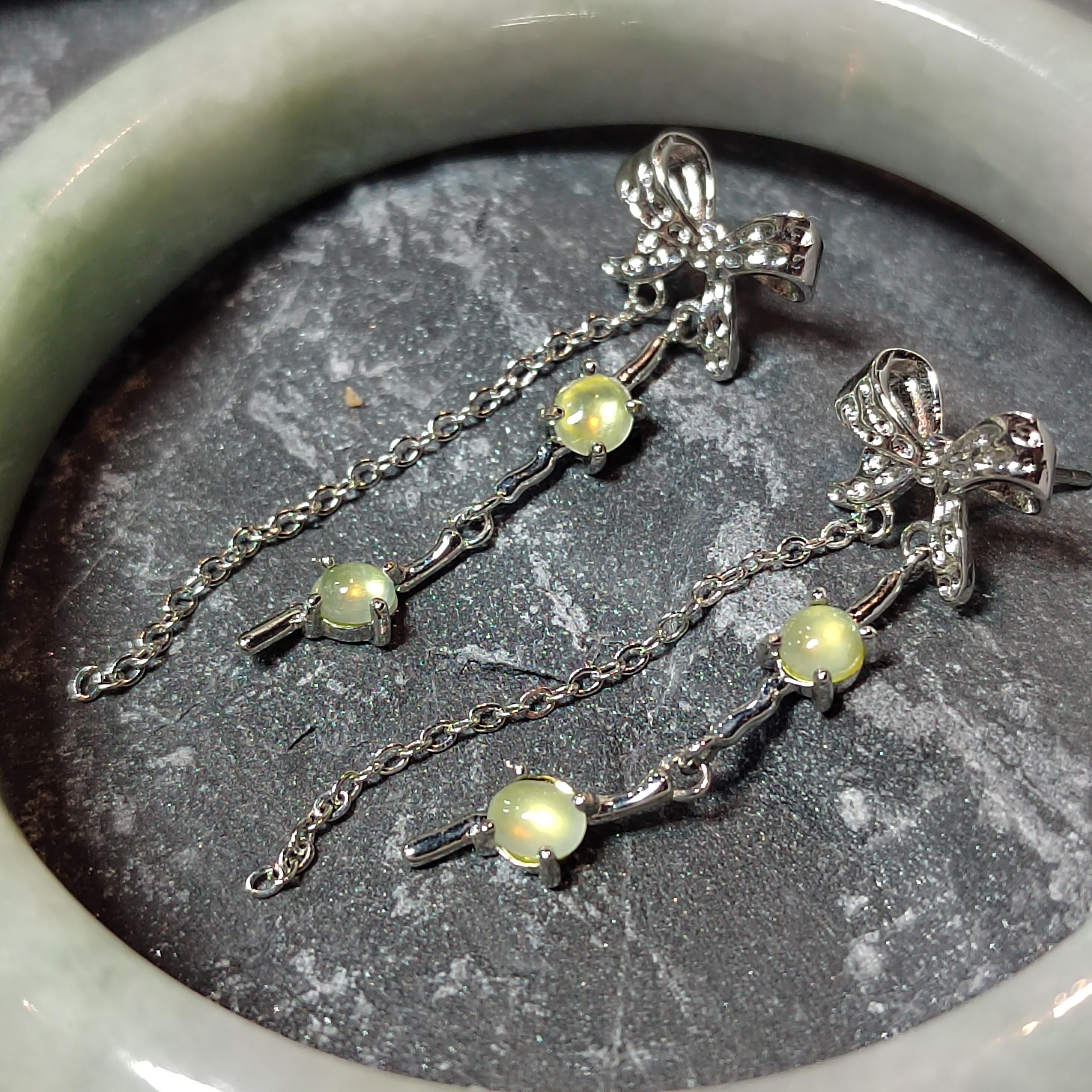 Certified Burmese Icy Light Bump Yellow Jadeite Earrings | Type A Natural Untreated | 46 mm Length | Ribbon Design | S925 Silver SL206