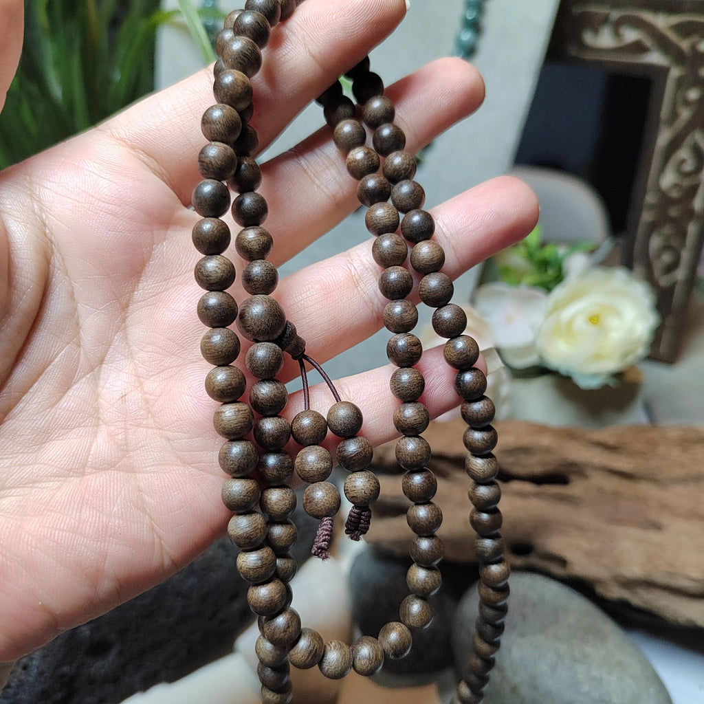 Hand holding a string of brown beads with a blurred background