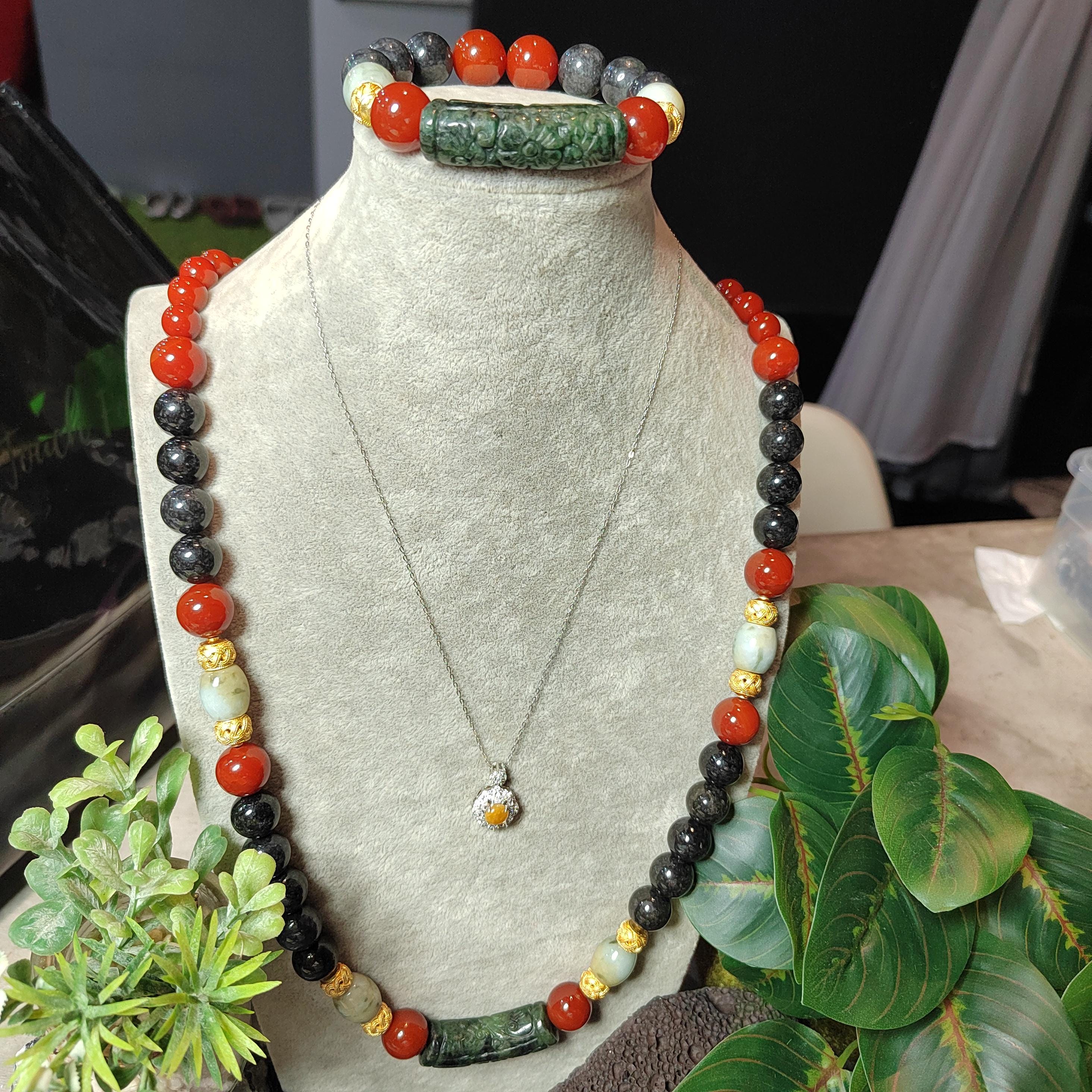 1-of-1 Designer Collector’s Set – Dual-Origin Baoshan “龙鳞纹” Waxi “锦红” Nanhong Necklace & Bracelet | Burmese Jadeite 18K Gold Filigree SL1