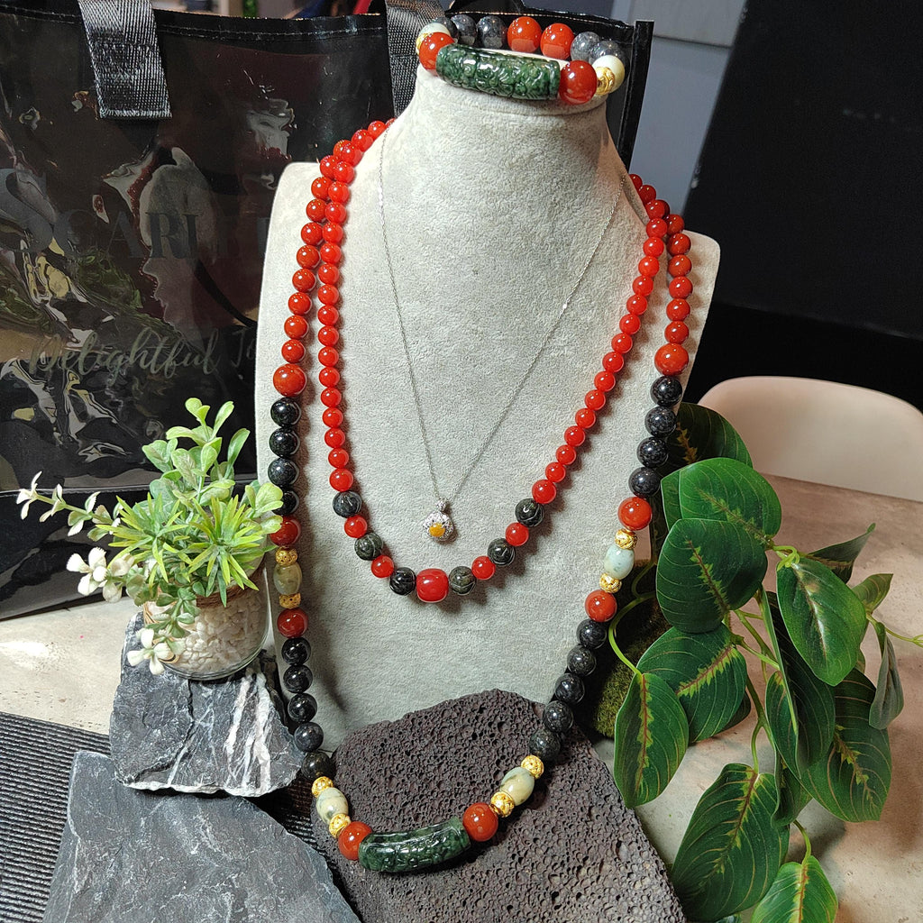 1-of-1 Designer Collector’s Set – Dual-Origin Baoshan “龙鳞纹” Waxi “锦红” Nanhong Necklace & Bracelet | Burmese Jadeite 18K Gold Filigree SL1