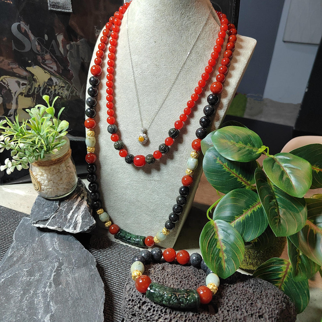 1-of-1 Designer Collector’s Set – Dual-Origin Baoshan “龙鳞纹” Waxi “锦红” Nanhong Necklace & Bracelet | Burmese Jadeite 18K Gold Filigree SL1