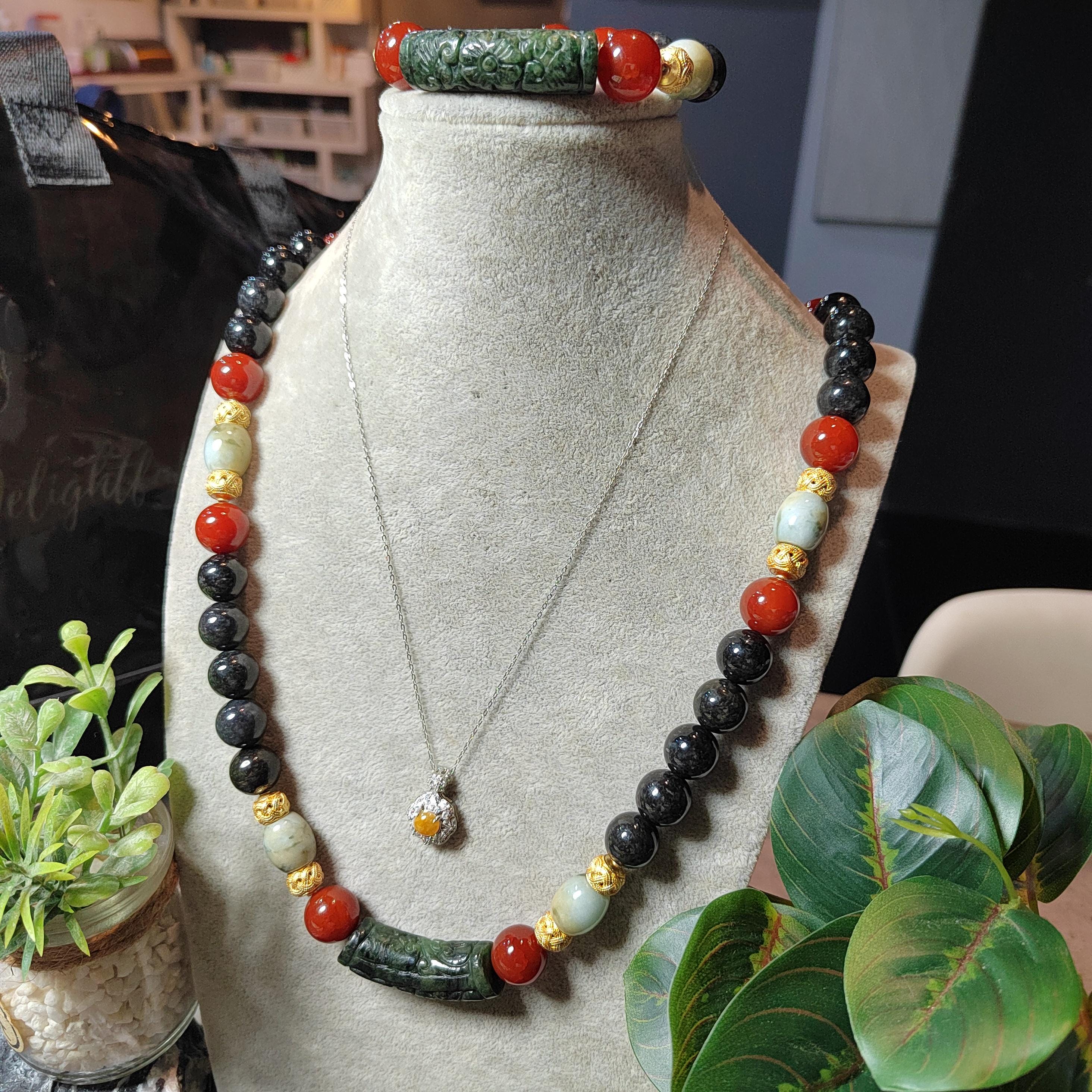 1-of-1 Designer Collector’s Set – Dual-Origin Baoshan “龙鳞纹” Waxi “锦红” Nanhong Necklace & Bracelet | Burmese Jadeite 18K Gold Filigree SL1
