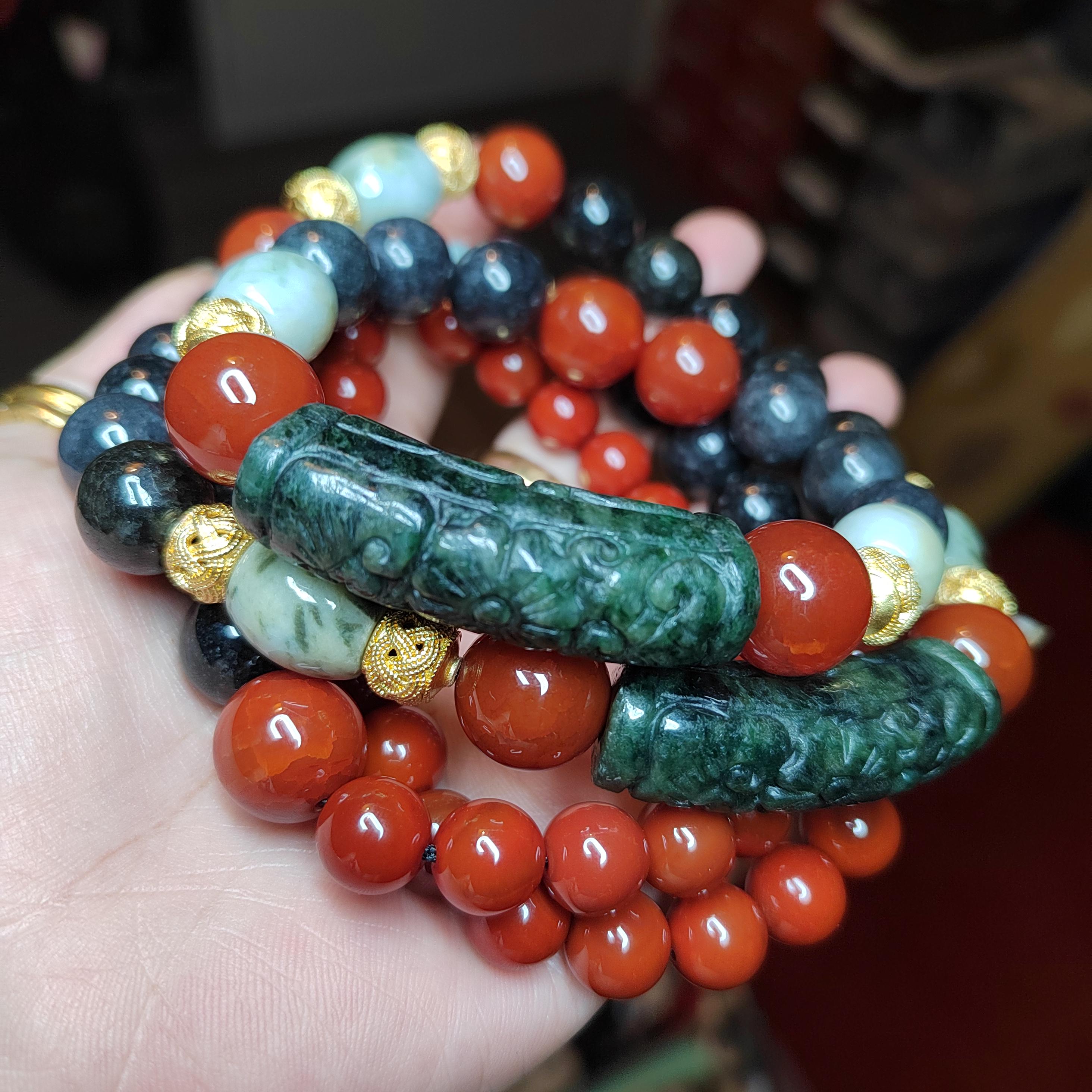 1-of-1 Designer Collector’s Set – Dual-Origin Baoshan “龙鳞纹” Waxi “锦红” Nanhong Necklace & Bracelet | Burmese Jadeite 18K Gold Filigree SL1