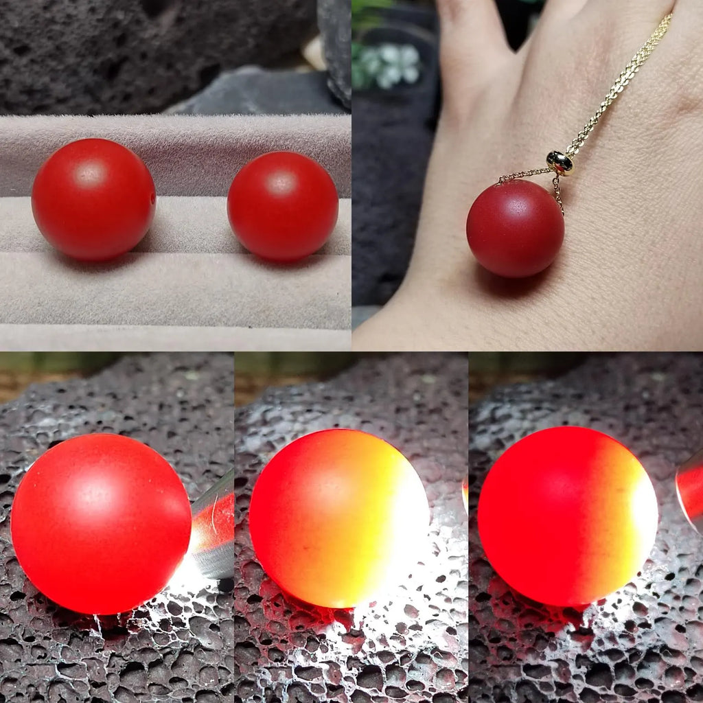 Collage of red spherical Nanhong bead on a textured surface.