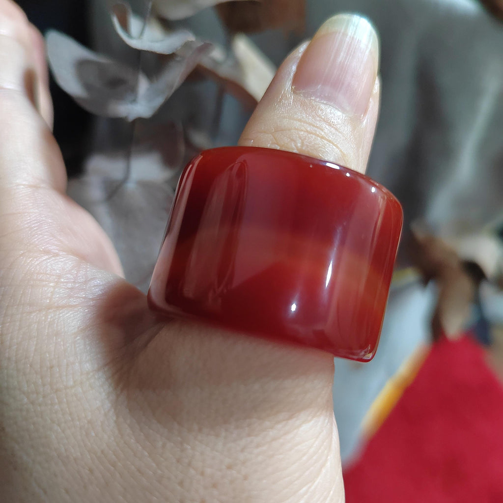 Certified Natural Untreated Sichuan Liangshan Nanhong Red Silk Agate Thumb Ring | Rare Chinese Sardonyx Pendant | 四川川红缠丝南红玛瑙拇指戒 SL122