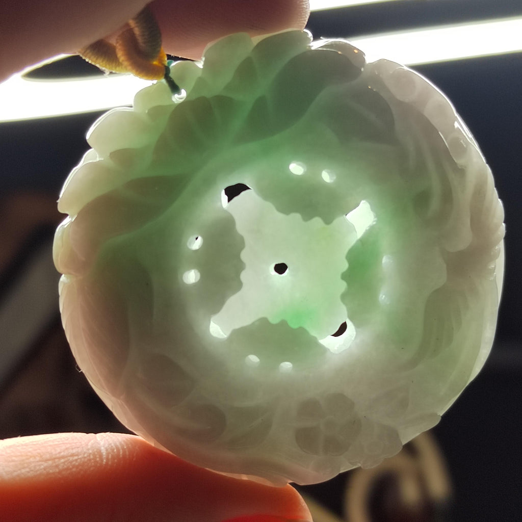 Certified Natural Burmese Jadeite Floral Bird Harmony Pendant Type A Untreated Movable 平方扣 Museum Grade Hand Carved SL458