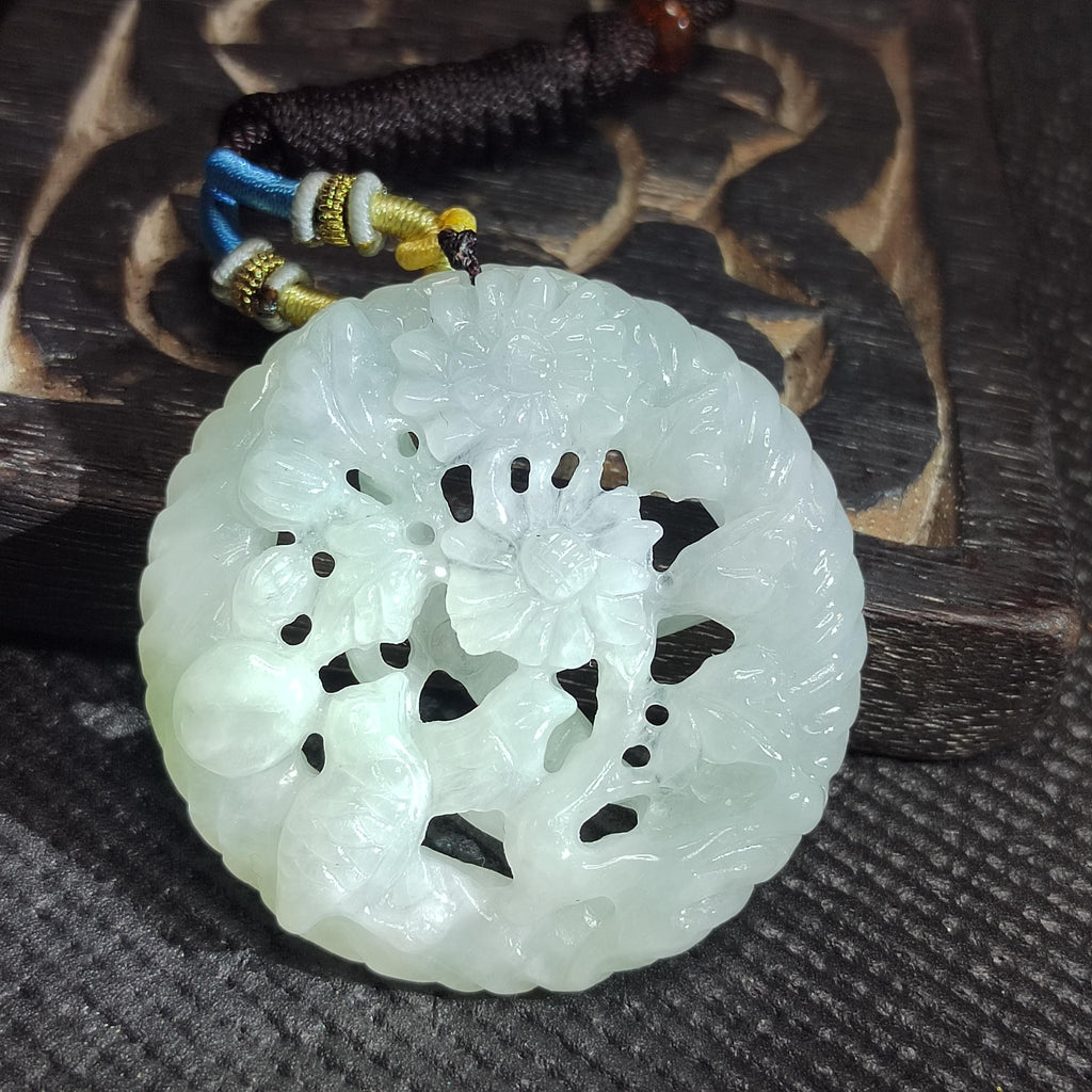 Certified Natural Burmese Jadeite “Pure Harmony Floral Bird” Pendant | Type A Untreated | Double-Sided Hand-Carved | Collector’s Grade SL457