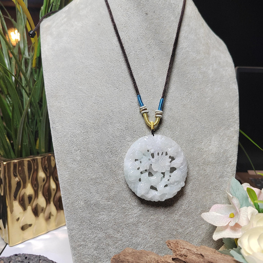 Certified Natural Burmese Jadeite “Pure Harmony Floral Bird” Pendant | Type A Untreated | Double-Sided Hand-Carved | Collector’s Grade SL457