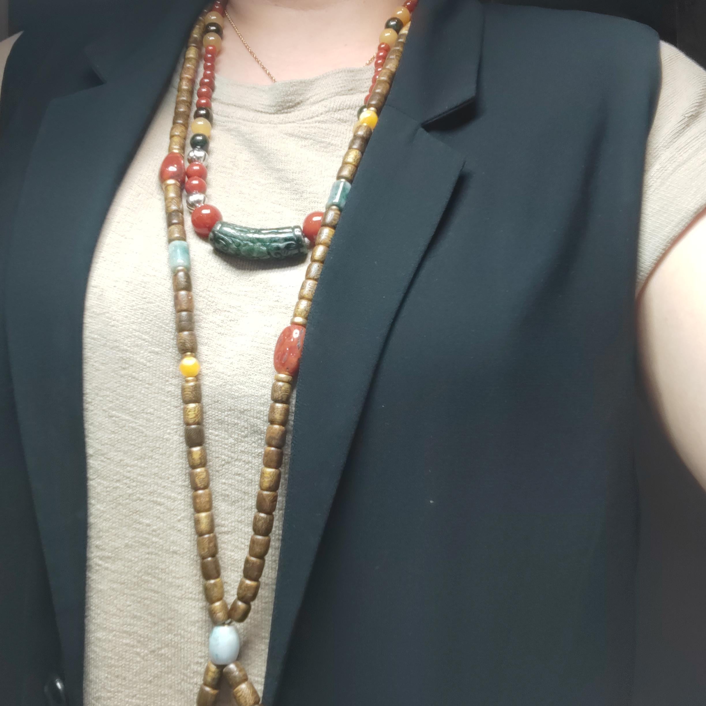 Handmade 94 cm Mala Necklace Waxi Nanhong Iron Skin Agate Burmese Jadeite Beeswax Amber Cultivated Brunei Golden-Thread Agarwood SL470