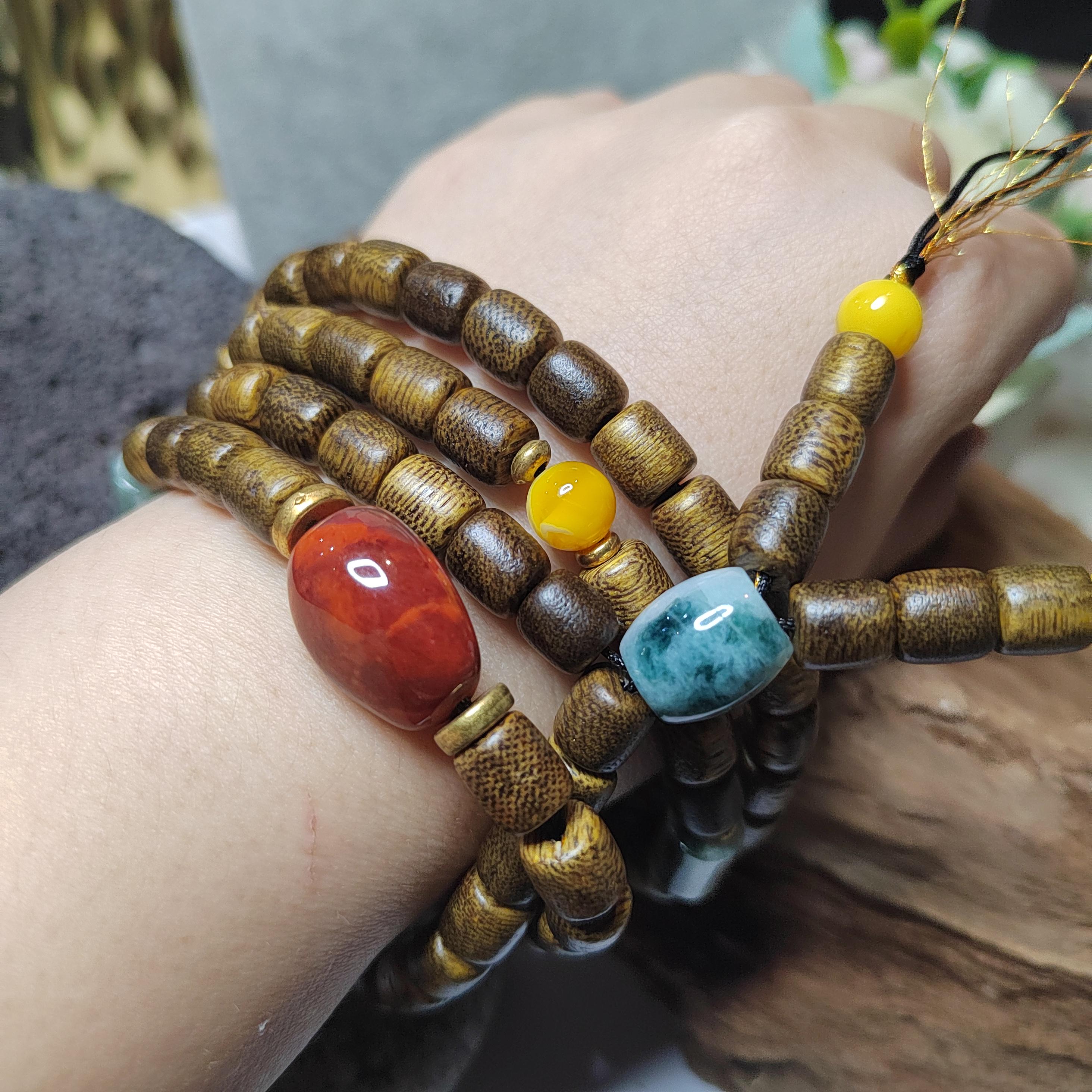 Handmade 94 cm Mala Necklace Waxi Nanhong Iron Skin Agate Burmese Jadeite Beeswax Amber Cultivated Brunei Golden-Thread Agarwood SL470