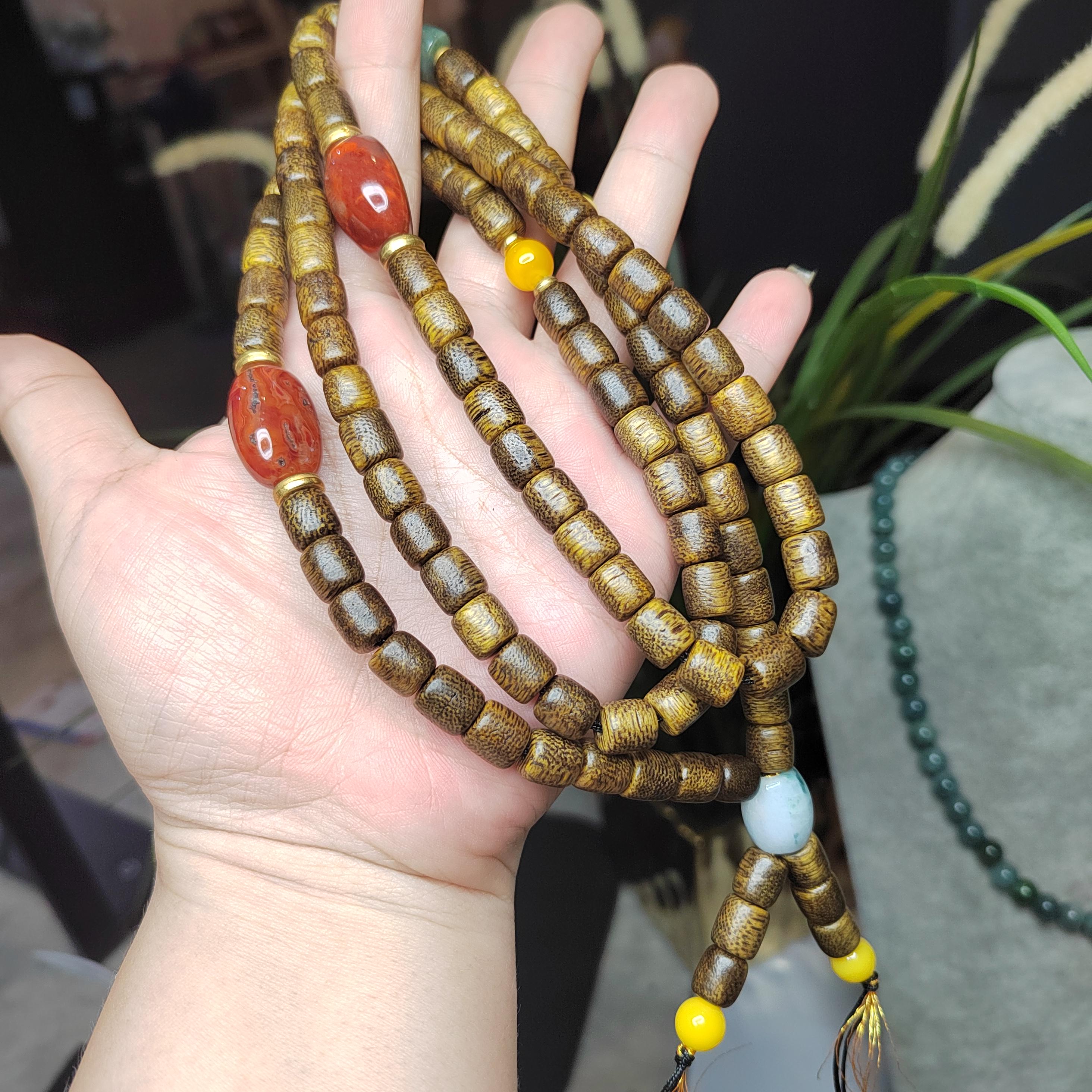 Handmade 94 cm Mala Necklace Waxi Nanhong Iron Skin Agate Burmese Jadeite Beeswax Amber Cultivated Brunei Golden-Thread Agarwood SL470
