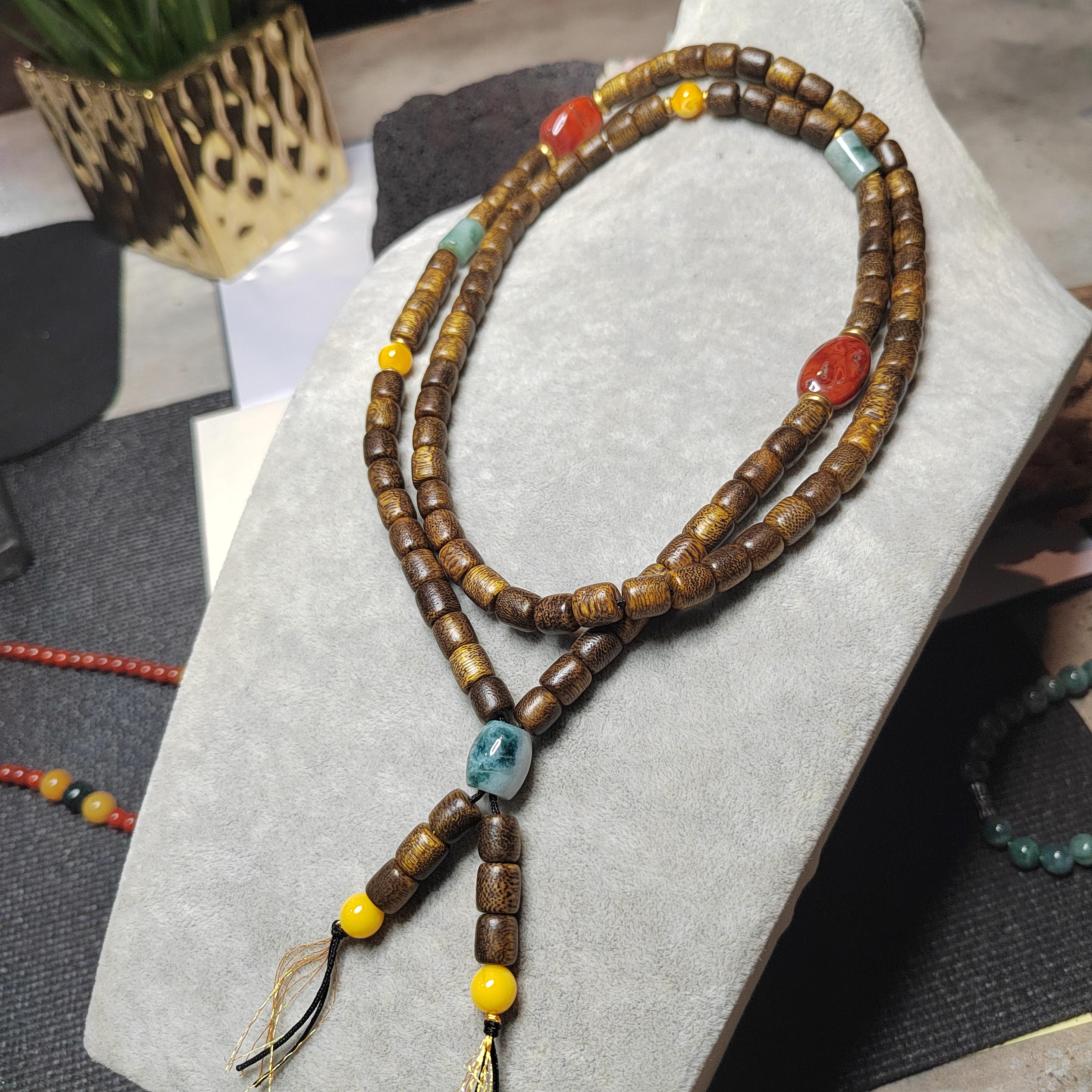 Handmade 94 cm Mala Necklace Waxi Nanhong Iron Skin Agate Burmese Jadeite Beeswax Amber Cultivated Brunei Golden-Thread Agarwood SL470