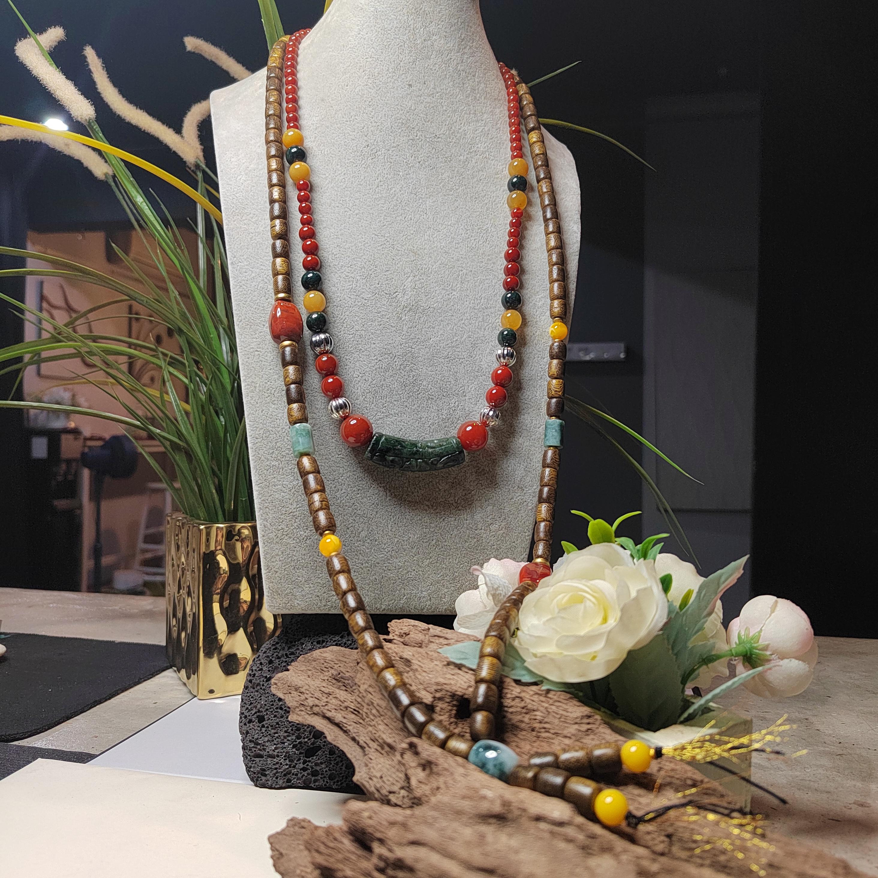 Handmade 94 cm Mala Necklace Waxi Nanhong Iron Skin Agate Burmese Jadeite Beeswax Amber Cultivated Brunei Golden-Thread Agarwood SL470